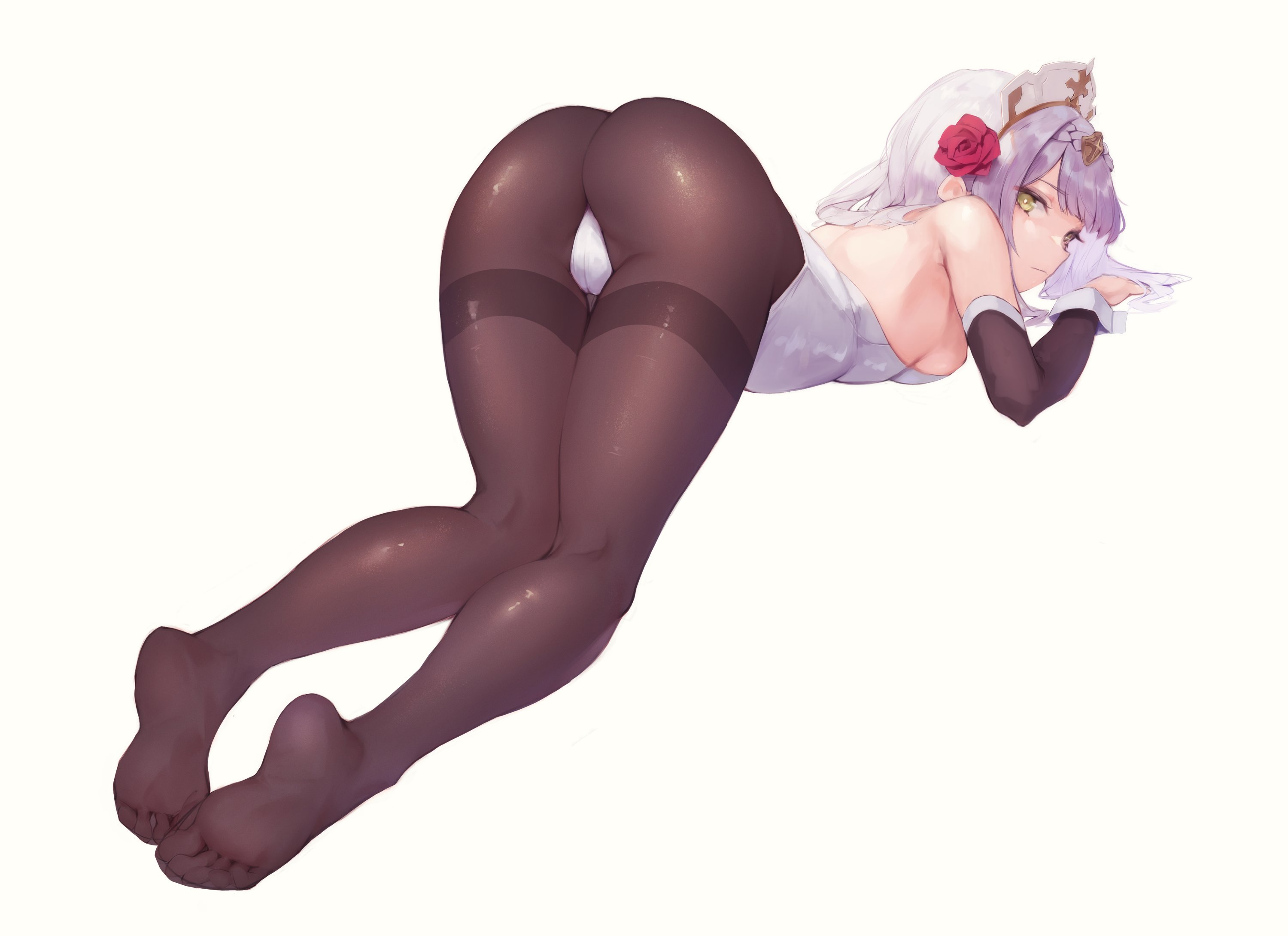 alternate costume, ass, bad id, bangs, breasts, closed mouth, commentary, detached sleeves, eyebrows visible through hair, feet, female, flower, foreshortening, from behind, genshin impact, green eyes, hair flower, hair ornament, head tilt, highres, legs, leotard, leviathan (hikinito0902), looking at viewer, maid headdress, noelle (genshin impact), pantyhose, red flower, red rose, rose, short hair, sideboob, silver hair, simple background, soles, solo, top-down bottom-up, white background, white leotard, wrist cuffs