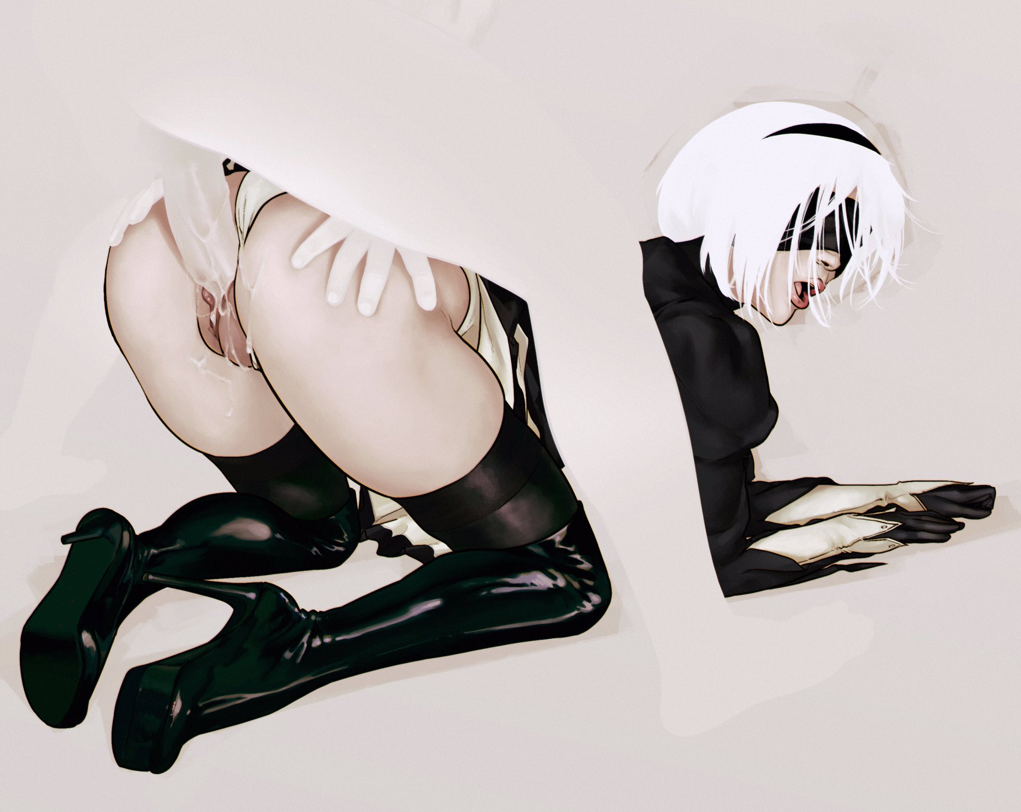 all fours, ass, ass grab, bent over, blindfold, butt grab, clothed sex, cum, cum in pussy, cum inside, cum on pussy, dima ivanov, doggy style, dress, excessive cum, female, heels, high heel boots, high heels, kneeling, labia, leotard, leotard aside, light skin, light-skinned female, male, moaning, nier: automata, open mouth, pale skin, pale-skinned female, panties aside, pussy, realistic, short hair, thigh boots, vaginal penetration, white hair, yorha 2b