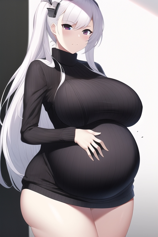 ai generated, big breasts, bottomless, breasts, female, female only, hand on belly, hand on stomach, huge breasts, long hair, looking at viewer, maternity clothes, nai diffusion, pregnant, purple eyes, ribbed sweater, solo, stable diffusion, sweater, sweater dress, thick thighs, tight clothing, turtleneck, twintails, white hair, wide hips