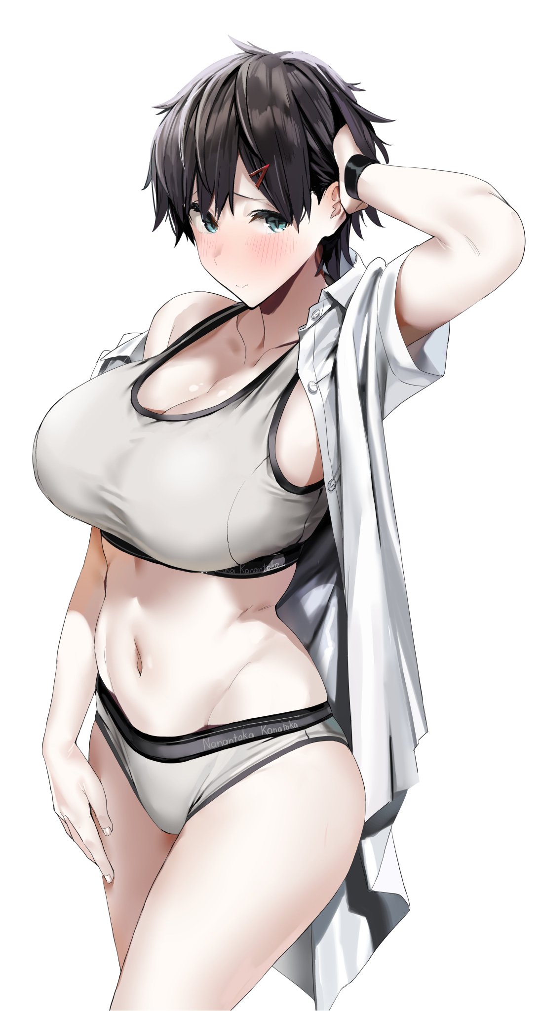 1girls, big breasts, black hair, blue eyes, blush, breasts, cleavage, female, female only, light skin, light-skinned female, looking at viewer, midriff, navel, pale skin, pale-skinned female, reido1177, short hair, sole female, solo, sports bikini, sports bra, sportswear, tagme, thick thighs, thighs, tomboy, very short hair, white background, white body, white skin