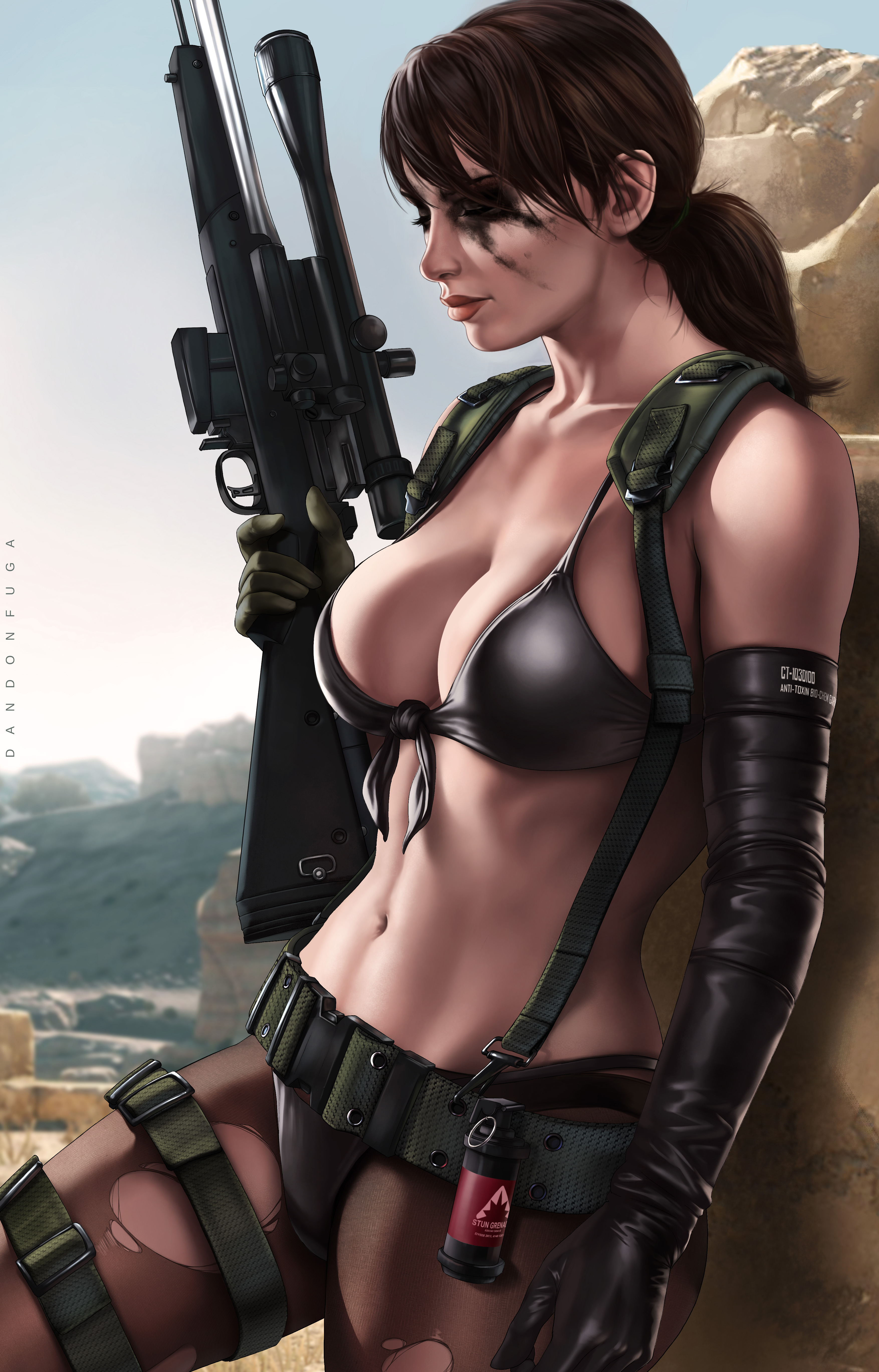 1girls, abs, bangs, bare shoulders, big breasts, bikini, bikini bottom, bikini top, breasts, brown hair, cleavage, closed eyes, clothed, clothing, dandon fuga, desert, facepaint, female, female focus, female only, fit, fit female, gloves, gun, holding weapon, large breasts, long gloves, medium hair, metal gear solid, metal gear solid v, midriff, navel, pantyhose, ponytail, quiet (metal gear), red lips, sniper rifle, solo, solo female, solo focus, straps, suspenders, thigh strap, toned, toned female, torn pantyhose, weapon