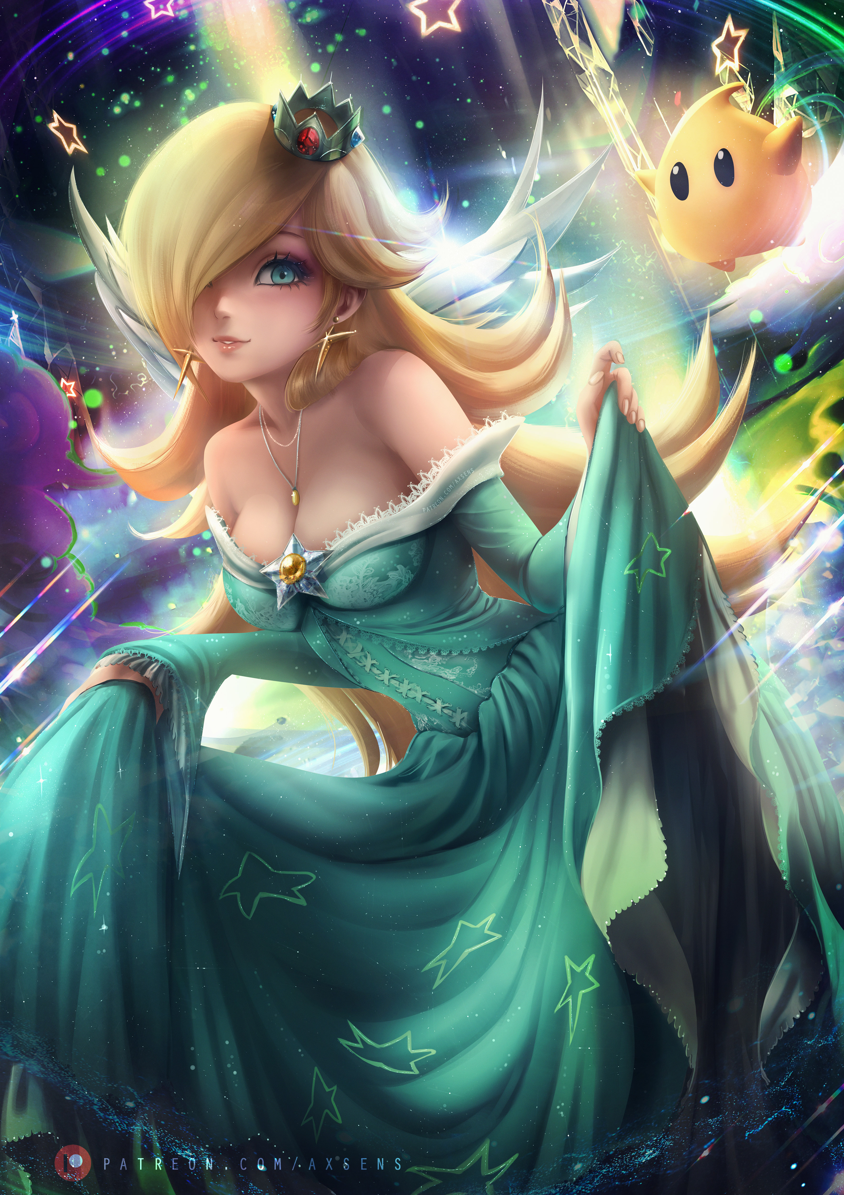 1girls, axsens, bare shoulders, big breasts, blonde hair, blue eyes, breasts, cleavage, clothed, clothing, crown, dress, dress lift, earrings, fantasy, female, female focus, female only, fully clothed, galaxy, hair over one eye, long dress, long hair, luma, mario (series), necklace, nintendo, princess dress, princess rosalina, solo, solo female, solo focus, star, super mario galaxy, very long hair, wholesome