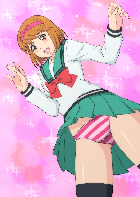 1girls, blush, chiyo yumehara, collarbone, female, female only, open mouth, orange eyes, orange hair, panties, pantyshot, ribbon, saiki kusuo no psi nan, school uniform, schoolgirl, short hair, skirt, solo, striped panties, stripes, underwear, uniform