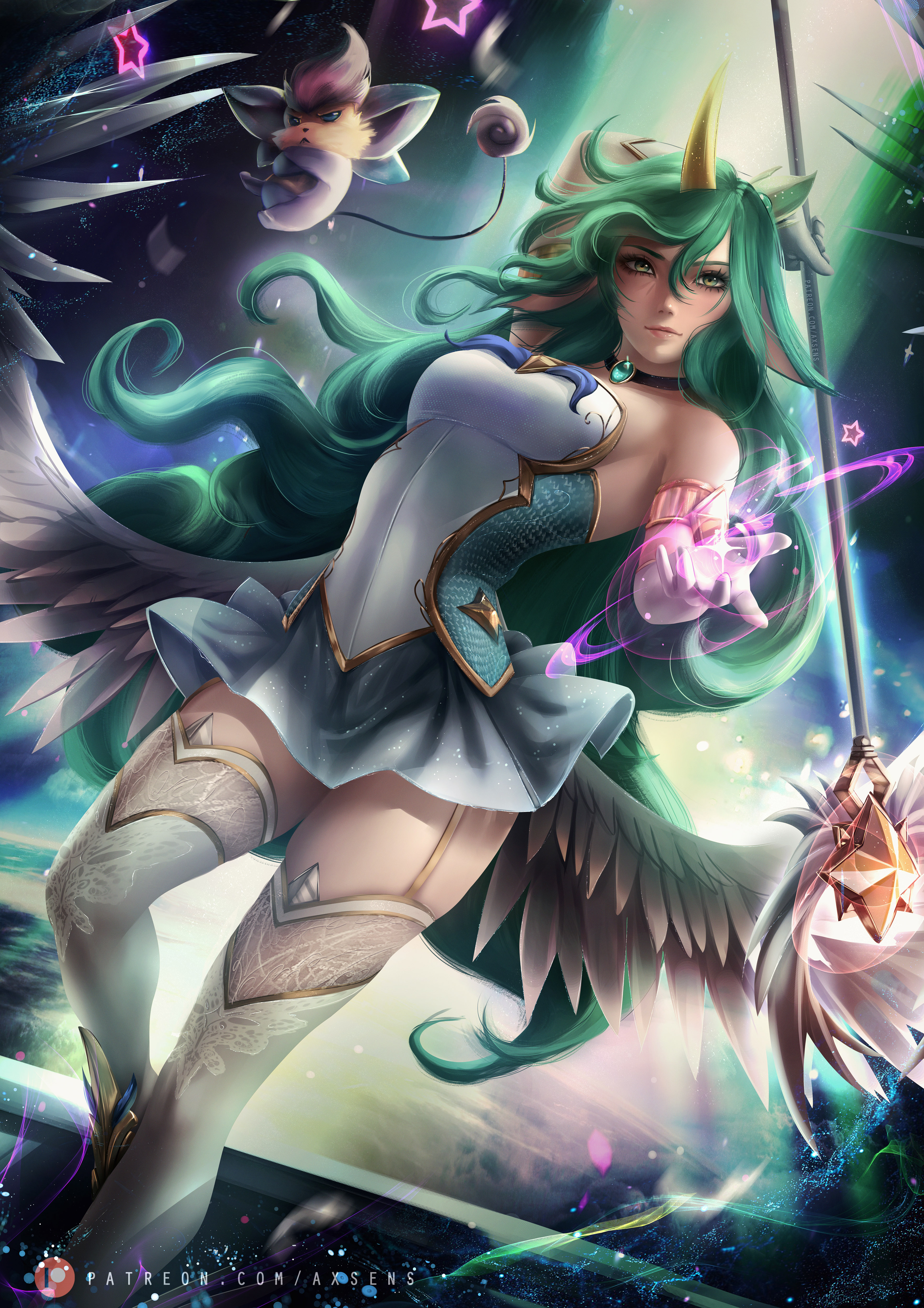 1girls, axsens, bare shoulders, choker, clothed, clothing, dress, fairy, fairy wings, female, female focus, female only, flying, fully clothed, gloves, green eyes, green hair, horn, league of legends, long gloves, long hair, looking at viewer, magic, magic user, magical girl, solo, solo female, solo focus, soraka, space, staff, star guardian series, star guardian soraka, thighhighs, thighs, very long hair, wings