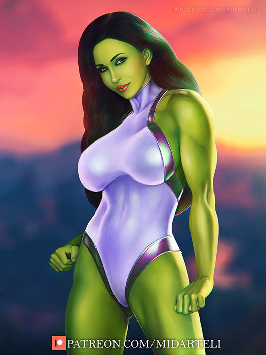 1girls 2d bare_arms bare_legs bare_shoulders big_breasts busty clothed female female_only green_eyes green_hair green_skin huge_breasts hulk_(series) large_breasts leotard lipstick long_hair looking_at_viewer marvel marvel_comics midarteli muscles muscular muscular_female she-hulk simple_shading solo solo_female superhero superheroine tight_clothing voluptuous voluptuous_female