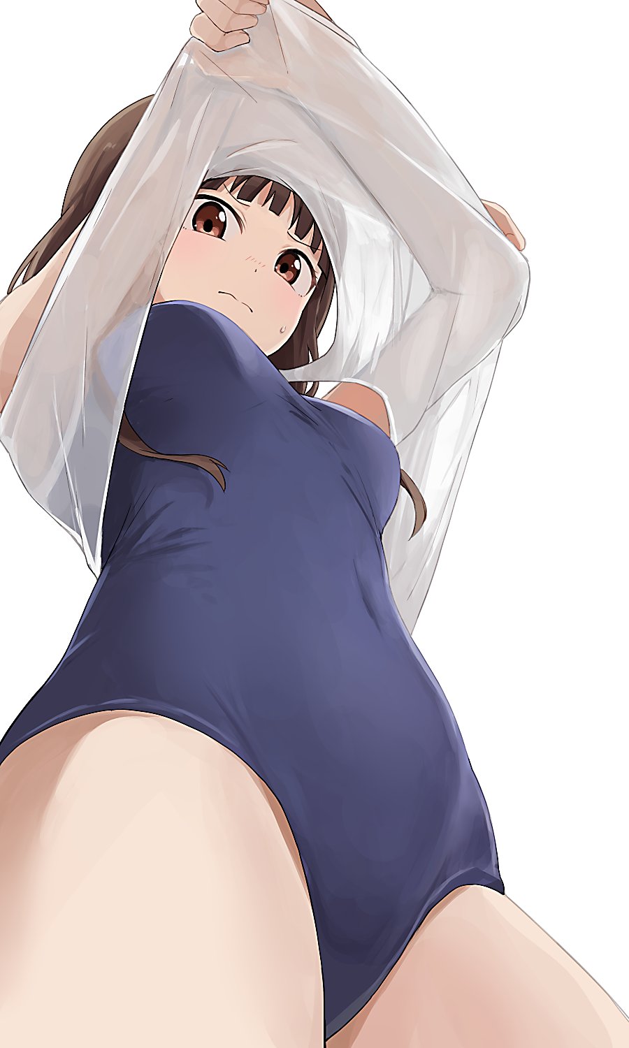 1girls breasts brown_eyes brown_hair female female_only hiroki_yyqw7151 iino_miko kaguya-sama_wa_kokurasetai_~tensai-tachi_no_renai_zunousen~ long_hair looking_at_viewer looking_through_clothes one-piece_swimsuit small_breasts solo swimsuit viewed_from_below