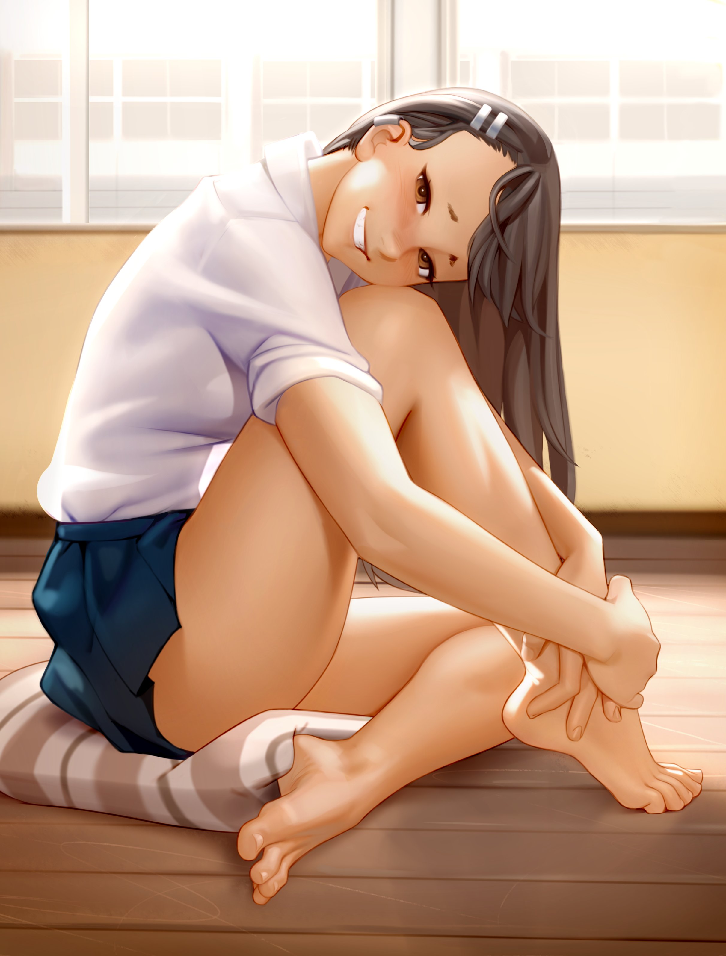 1girls, alternate skin color, barefoot, breasts, brown eyes, brown hair, feet, female, female only, grin, hayase nagatoro, hi res, kairuhentai, kairunoburogu, long hair, looking at viewer, please don't bully me, nagatoro, simple background, skirt, small breasts, solo, solo female, tanline, toes