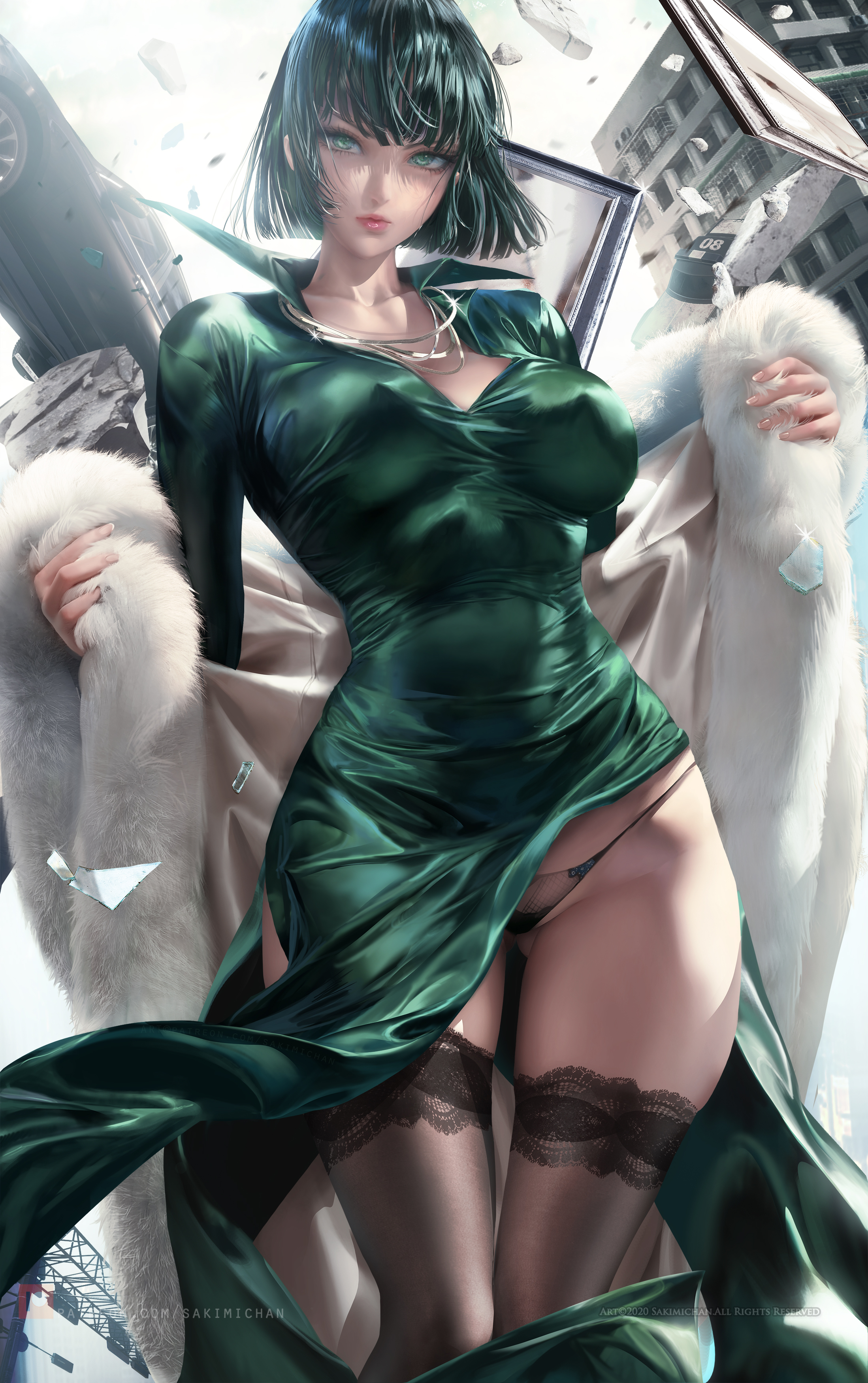 1girls, bangs, big breasts, breasts, city, cleavage, clothed, clothing, coat, destruction, dress, female, female focus, female only, fubuki (one-punch man), fur coat, green eyes, green hair, hips, large breasts, necklace, one-punch man, sakimichan, short hair, solo, solo female, solo focus, stockings, thick thighs, thighs, underwear, wide hips
