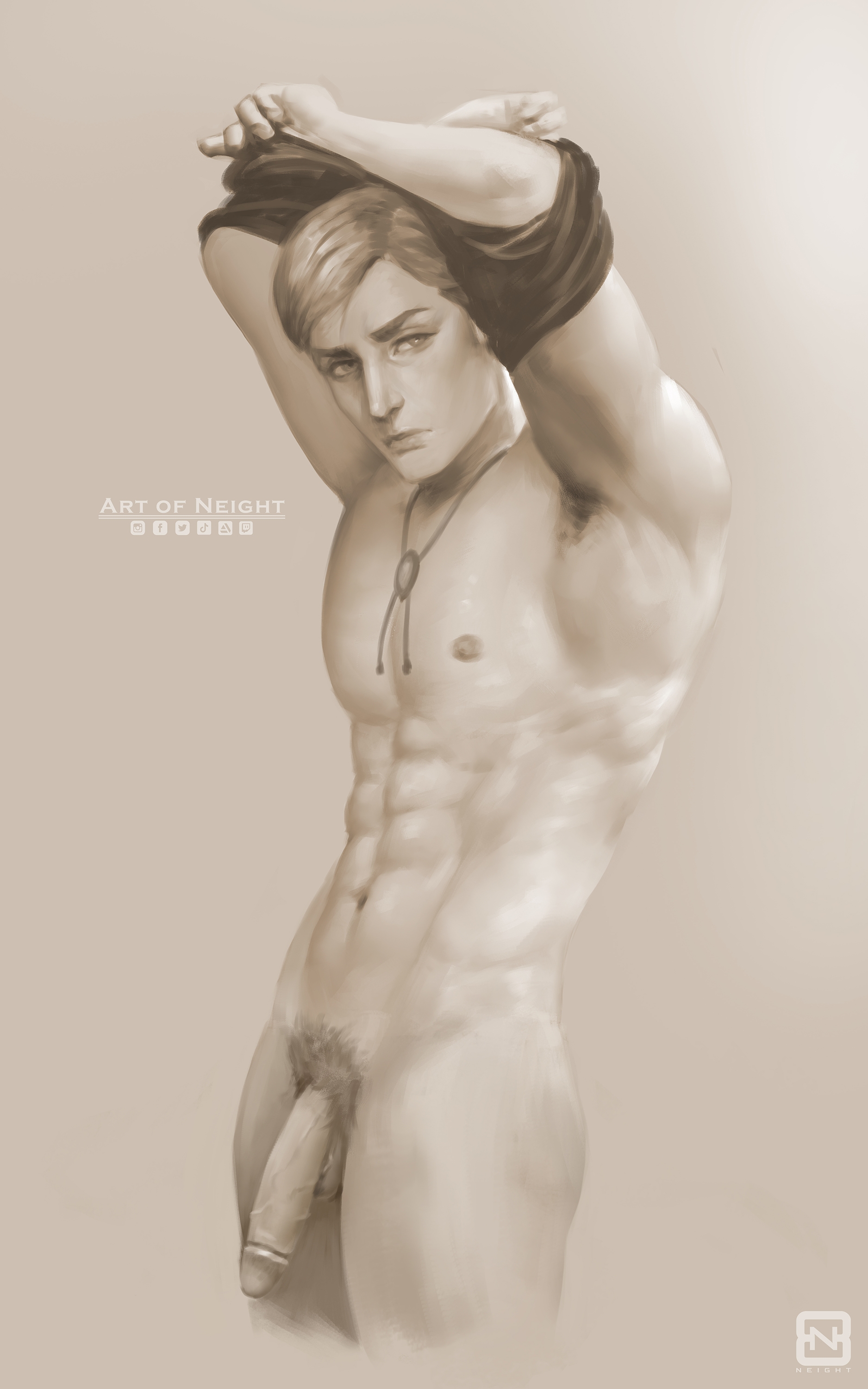 1boy, abs, attack on titan, bolo tie, erwin smith, genitals, male, male focus, male only, monochrome, muscular, muscular male, neight, nude, nude male, painting (artwork), penis, pubes, pubic hair, shingeki no kyojin, shirt lift, solo, solo male