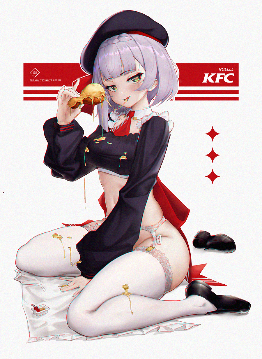 bangs black_footwear black_headwear blunt_bangs bottomless braid breasts character_name convenient_arm crop_top detached_collar english_text female food frills garter_belt genshin_impact grey_background hand_up heart heart-shaped_pupils highres holding kfc l_ract long_sleeves looking_at_viewer medium_breasts noelle_(genshin_impact) noelle_(kfc)_(genshin_impact) red_neckwear shiny shiny_hair shoe_removed shoes short_hair silver_hair simple_background single_shoe solo spill symbol-shaped_pupils thighhighs thighs white_legwear