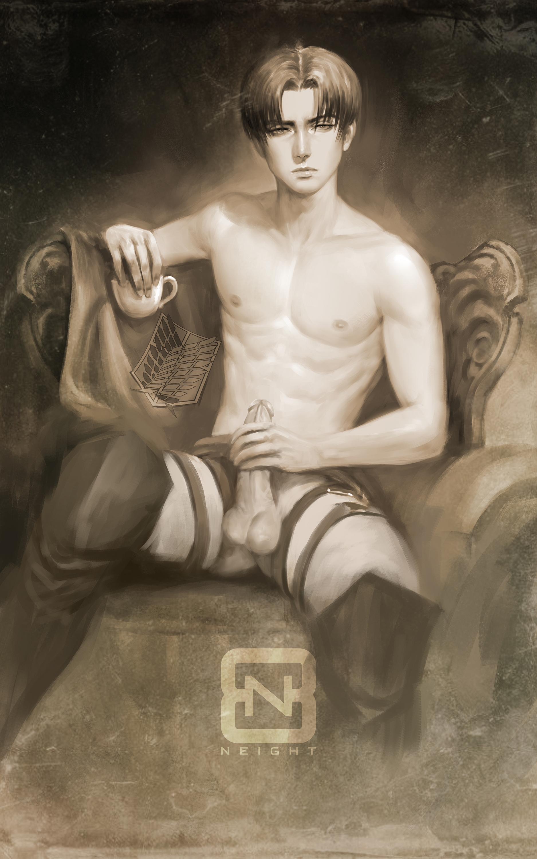 1boy, abs, attack on titan, bare chest, boots, genitals, hand on penis, levi, levi ackerman, looking at viewer, male, male focus, male only, monochrome, neight, partially clothed, penis, shingeki no kyojin, shirtless, shirtless (male), sitting, sitting on chair, solo, solo focus, solo male, tea cup