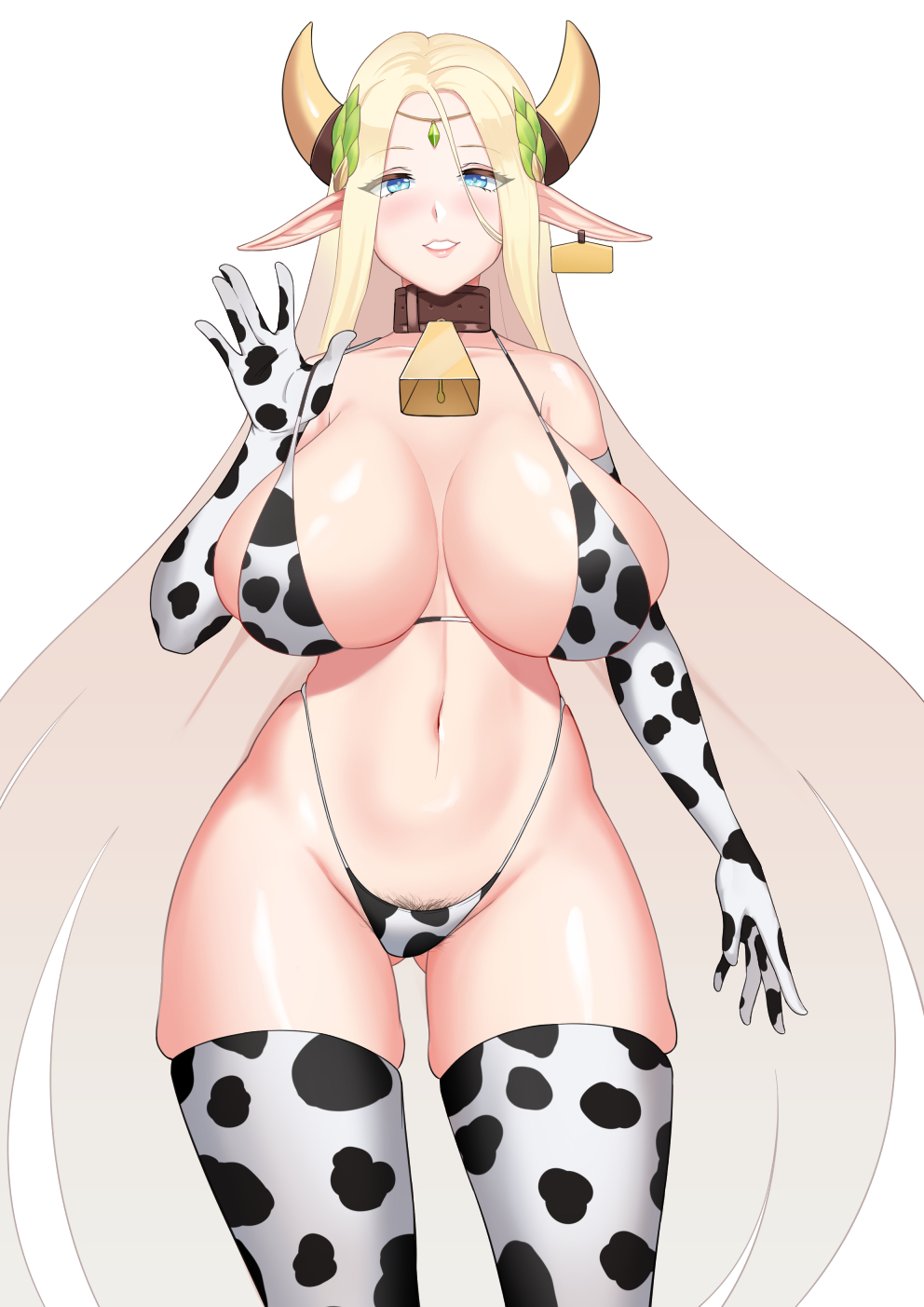 animal_print bell bikini bikini_bottom blonde_hair blue_eyes blush breasts cawfield cerestia_of_life circlet cleavage collar cow_print ear_tag elbow_gloves elf female gloves hair_between_eyes highleg highleg_bikini highres huge_breasts last_origin long_hair long_pointy_ears looking_at_viewer navel neck_bell open_mouth pointy_ears smile solo swimsuit thighhighs very_long_hair waving