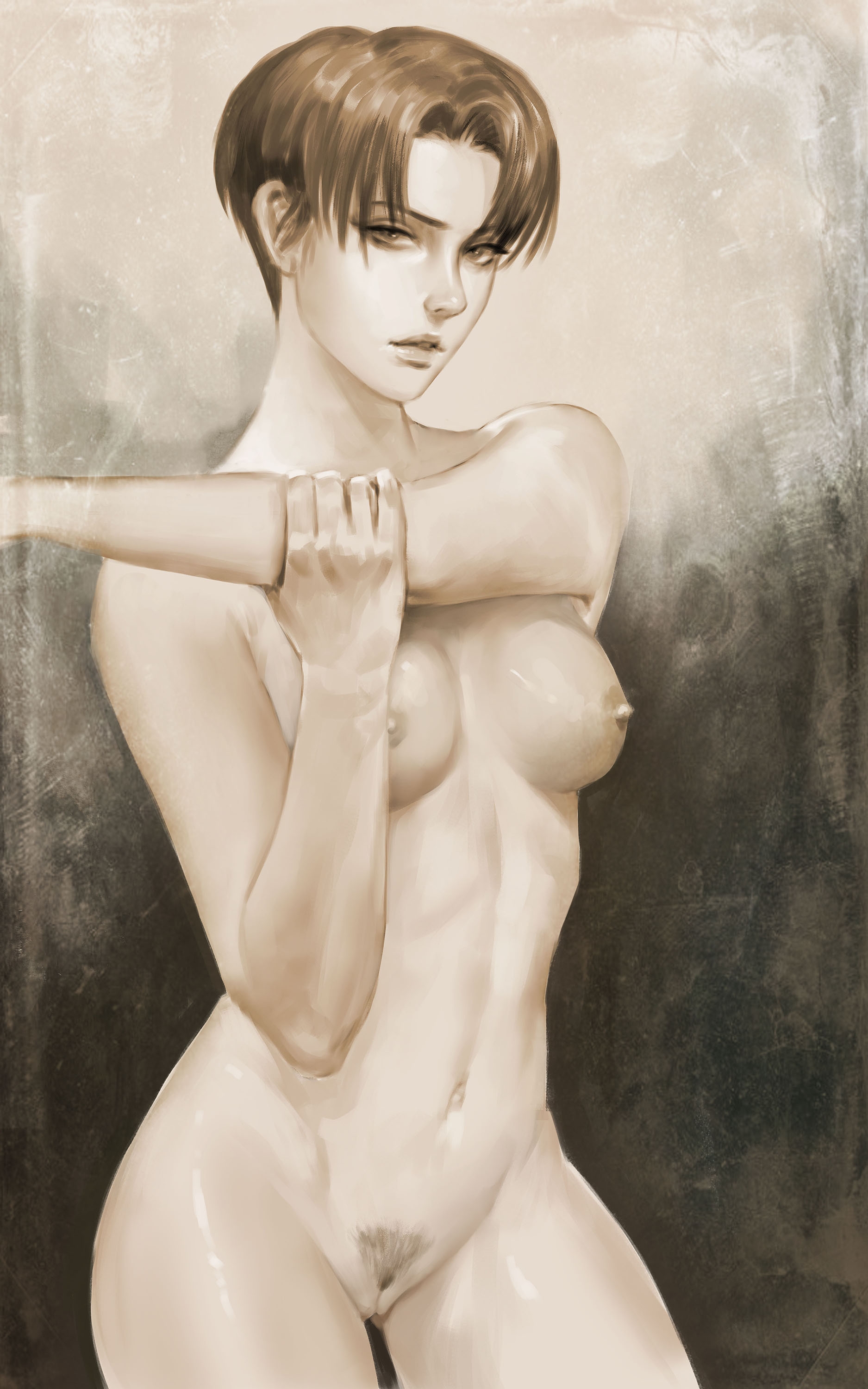 1girls, attack on titan, breasts, female, female only, genderswap, genderswap (mtf), levi, levi ackerman, monochrome, navel, neight, nipples, nude, nude female, pubes, pubic hair, pussy, rule 63, shingeki no kyojin, short hair, solo, solo female, solo focus, vagina, very short hair