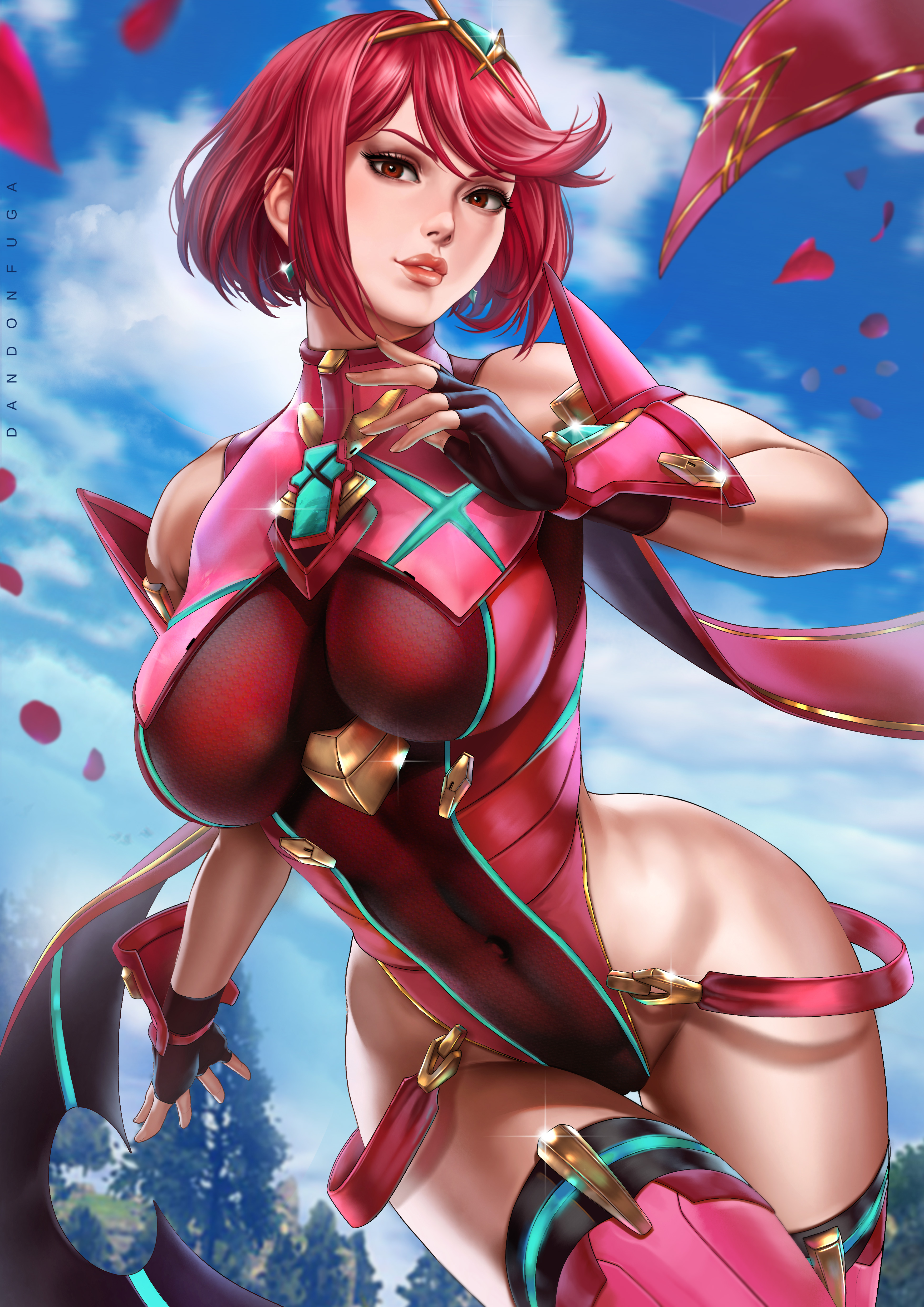 1girls, abs, arm guards, armor, bare shoulders, big breasts, breasts, breasts visible through clothing, child bearing hips, clothed, clothing, dandon fuga, female, female focus, female only, fit, fit female, hair ornament, hips, large breasts, navel, nintendo, one-piece swimsuit, outdoors, pyra, red eyes, red hair, rose petals, running, short hair, solo, solo female, solo focus, swimsuit, thick thighs, thighhighs, thighs, tight clothing, tight fit, toned, toned female, wide hips, woods, xenoblade (series), xenoblade chronicles 2