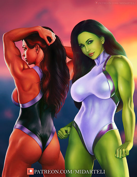 2d 2girls ass bare_arms bare_legs bare_shoulders big_breasts black_hair busty clothed female female_only green-skinned_female green_eyes green_hair green_skin hair_streak huge_breasts hulk_(series) large_breasts leotard lipstick long_hair looking_at_viewer marvel marvel_comics midarteli multiple_girls muscles muscular muscular_female red-skinned_female red_hair red_she-hulk red_skin she-hulk simple_shading superhero superheroine tight_clothing voluptuous voluptuous_female