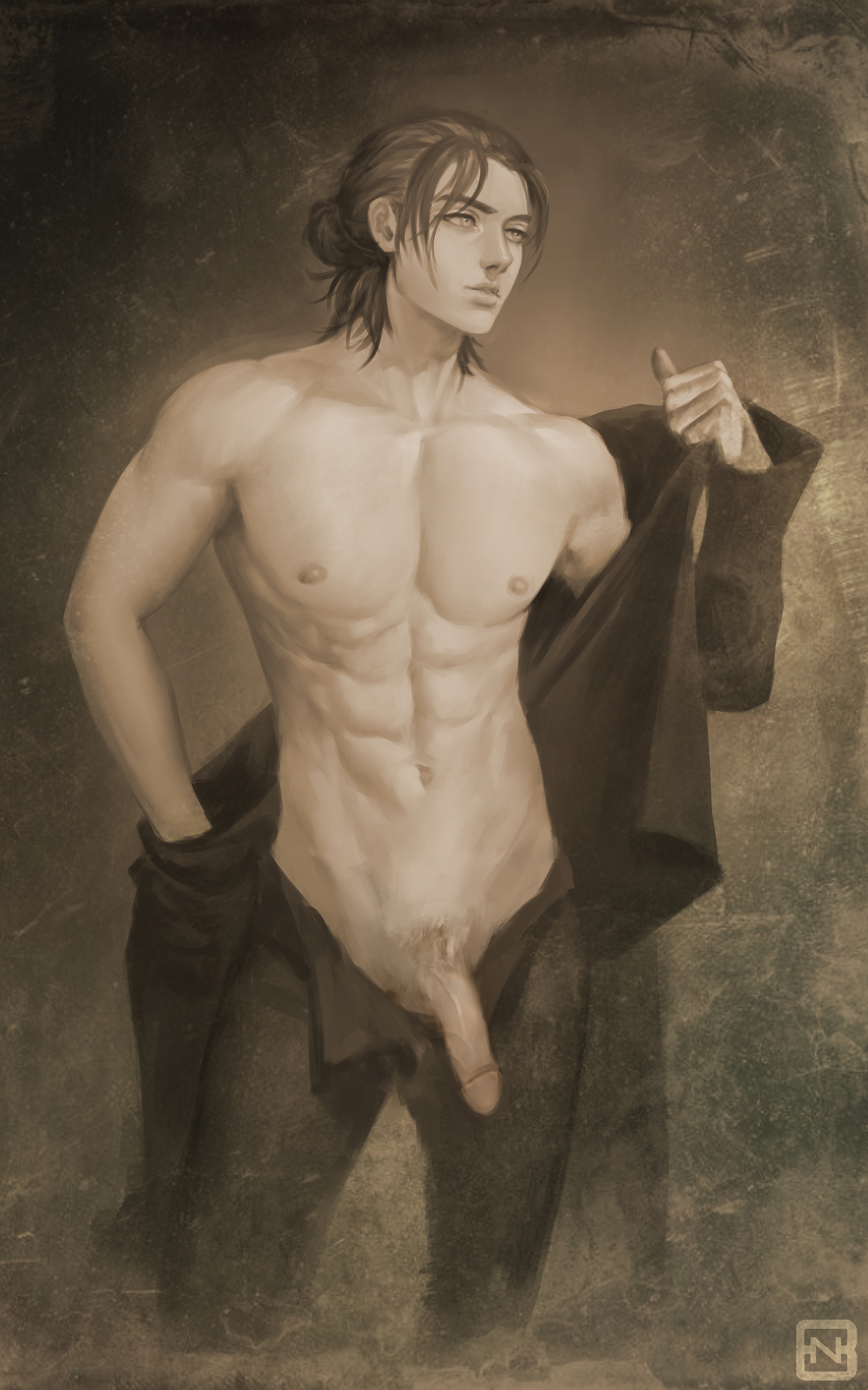 1boy, attack on titan, bare chest, clothing, eren jaeger, genitals, male, male focus, male only, neight, pants, pants open, partially clothed, penis, penis out, shingeki no kyojin, shirtless, shirtless (male), solo, solo male