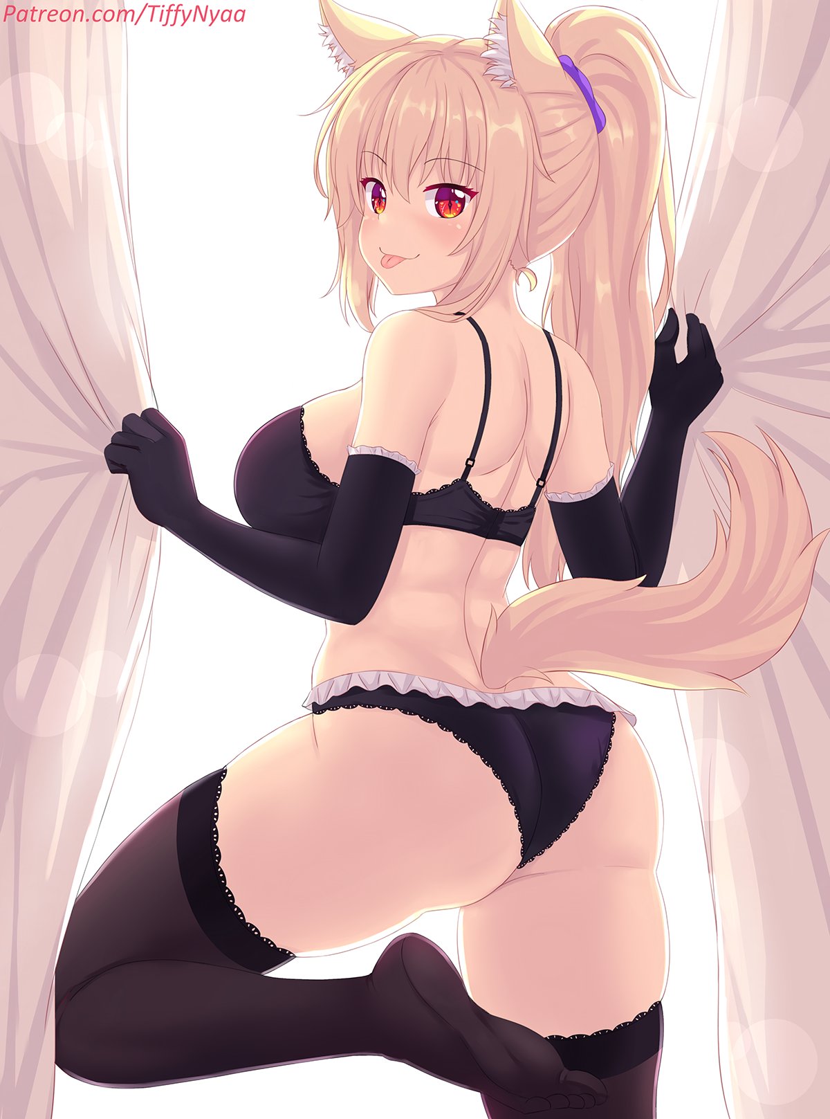 animal ears, ass, black panties, blonde hair, bra, breasts, female, frilled panties, gloves, large breasts, lingerie, looking at viewer, looking back, panties, ponytail, red eyes, standing, standing on one leg, tagme, tail, thighhighs, tiffy, tiffynyaa, tongue, tongue out