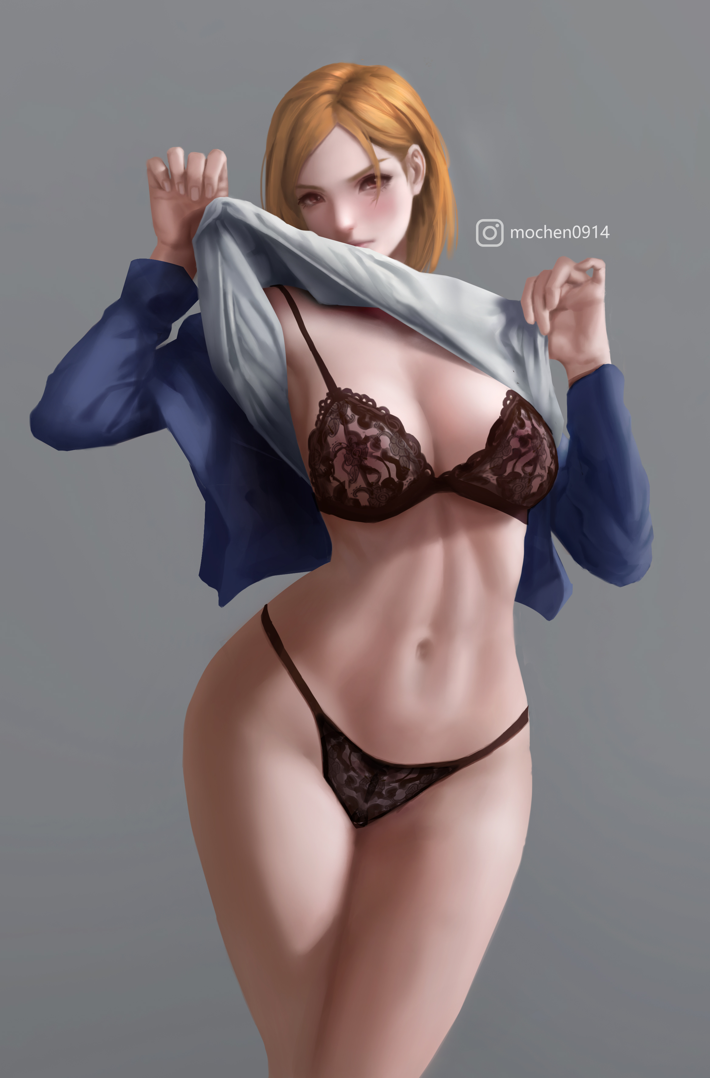 1girls, black bra, black panties, black underwear, bra, breasts, brown hair, female, female focus, female only, grey background, jujutsu kaisen, kugisaki nobara, looking at viewer, mochen0914, open clothes, orange hair, orange-haired female, panties, short hair, simple background, solo, solo female, solo focus, topwear, topwear lift, underwear