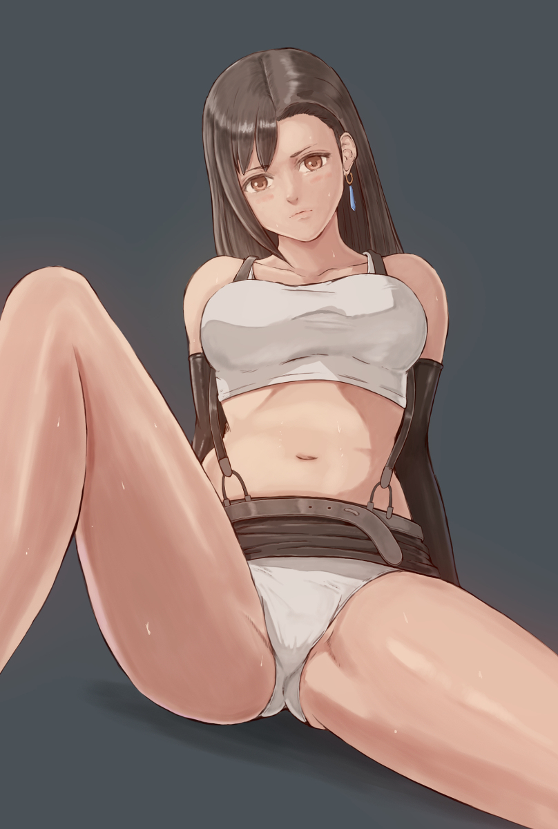 blush brown_eyes brown_hair earrings final_fantasy final_fantasy_vii navel panties popo_agaga sitting skirt skirt_lift skirt_up spread_legs sweat tagme thighs tifa_lockhart white_panties