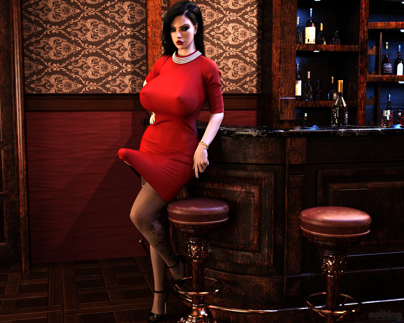 1futa, 3d, bar (place), bar stool, big breasts, big penis, black hair, black-haired futa, breasts, bulge, bulge through clothing, bulge under clothes, dress, dress lift, erect nipples, erect nipples under clothes, erection, erection under clothes, erection under dress, futa only, futanari, high heels, hourglass figure, hourglass figured futa, huge cock, human, human only, intersex, large breasts, light skin, light-skinned futa, lipstick, long hair, long-haired futa, looking at viewer, nipples, nothingmore, original character, penis, penis under clothes, penis under dress, public, public exposure, public indecency, shandra (nothingmore), skirt lifted by penis, solo, standing, stockings, stool (chair), tenting