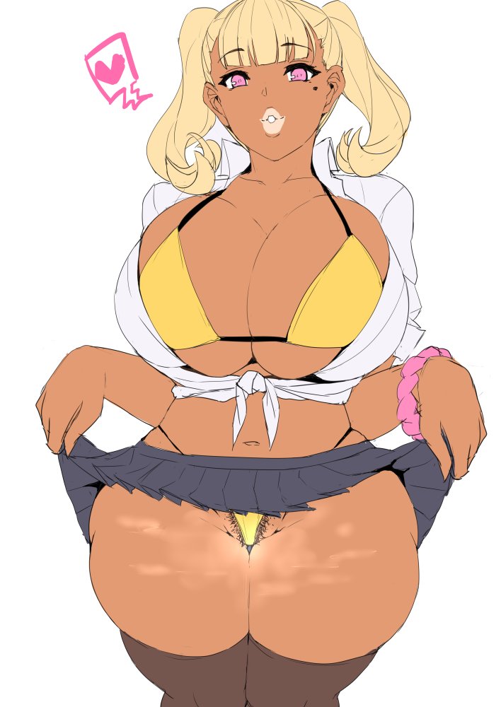 1girls, big breasts, bimbo, blonde hair, breasts, character request, cleavage, dark skin, dark-skinned female, female, gyaru, hourglass figure, huge breasts, kuro gyaru, ky., large breasts, lifting skirt, midriff, mole, mole under eye, original, plump lips, pubic hair, pubic hair peek, skirt, skirt lift, solo, steam, steamy pussy, stockings, tan, thick thighs, twintails, whale tail, wide hips