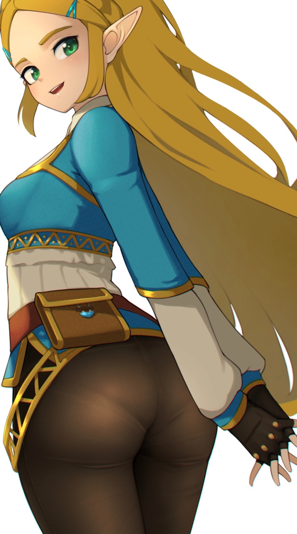 1girls, ass, big ass, blonde hair, breasts, breath of the wild, female, female only, green eyes, hizake, kashu (hizake), long hair, looking back, panties, panties visible through clothing, pointy ears, princess zelda, see-through, solo, teenager, the legend of zelda, thick ass, viewed from behind, zelda (breath of the wild)