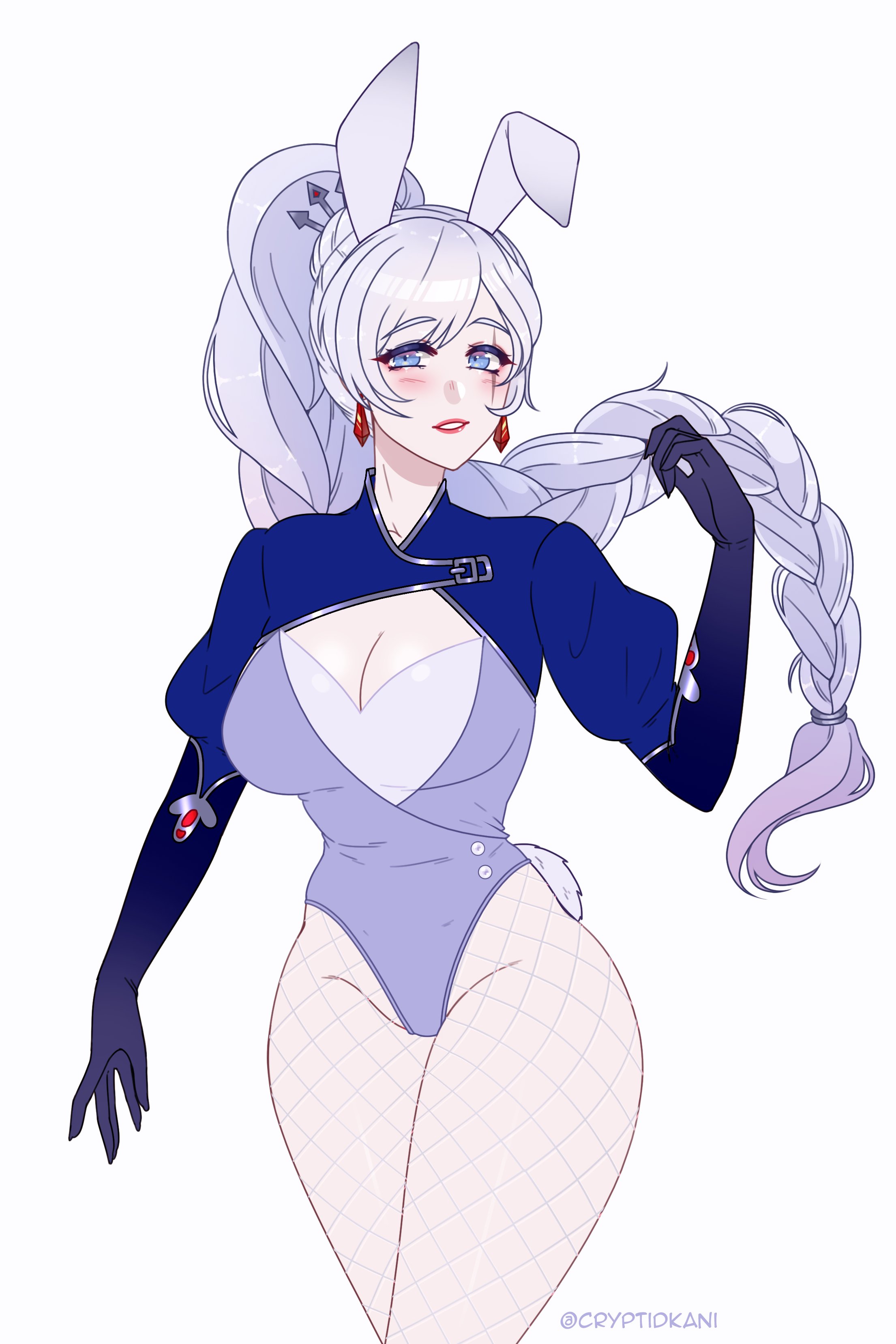 1girls, big breasts, blue eyes, blush, braid, braided ponytail, breasts, bunny ears, bunny girl, bunnysuit, cleavage, cryptid crab, earrings, elbow gloves, female, fishnet legwear, fishnets, gloves, large breasts, light blush, long hair, looking at viewer, ponytail, rwby, smile, solo, solo female, very long hair, weiss schnee