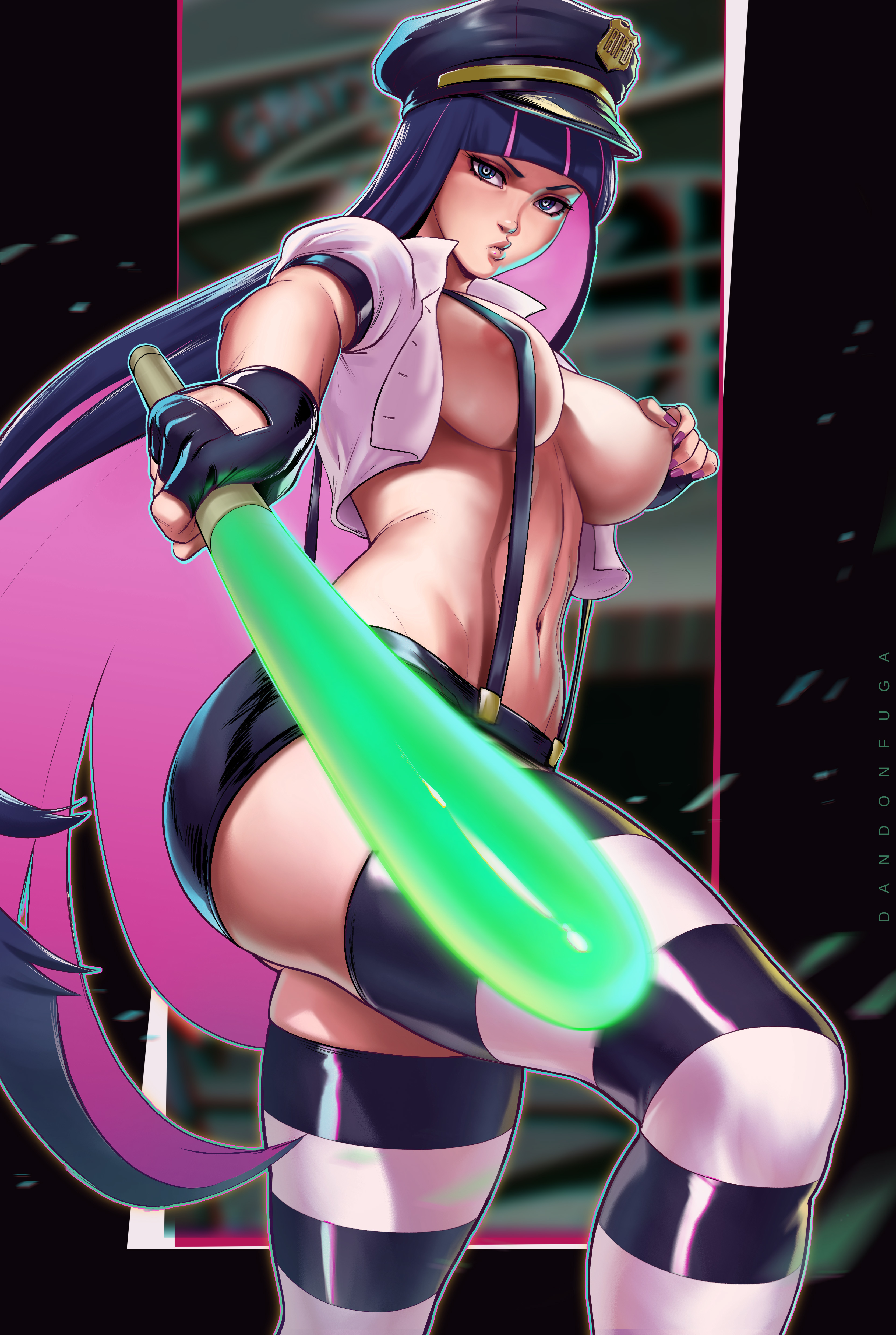 1girls, abs, bangs, big breasts, breasts, breasts out, clothed, clothing, cop, dandon fuga, female, female focus, female only, fingerless gloves, fit, fit female, gloves, glowstick, hand on nipple, long hair, looking at viewer, navel, nipple pinch, no bra, open clothes, open shirt, panty & stocking with garterbelt, pink hair, police hat, purple eyes, purple hair, shirt, shorts, solo, solo female, solo focus, stocking anarchy, suspenders, thick thighs, thighhighs, thighs, toned, toned female, topless, two-tone hair, very long hair