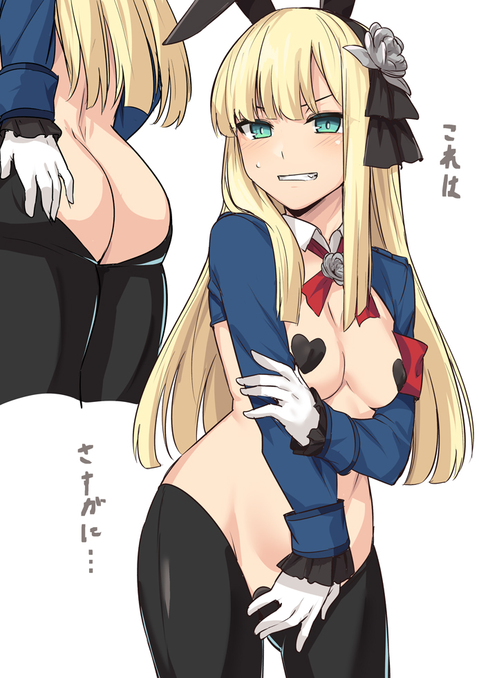 armband bangs black_heart_pasties black_pasties blonde_hair blush bunny_ears bunnysuit collar fate/grand_order fate_(series) flower_in_hair green_eyes gritted_teeth heart_pasties hime_cut long_hair long_sleeves looking_at_viewer lord_el-melloi_ii_case_files multiple_views pasties reines_el-melloi_archisorte reverse_bunnysuit shiseki_hirame small_breasts white_gloves white_rose