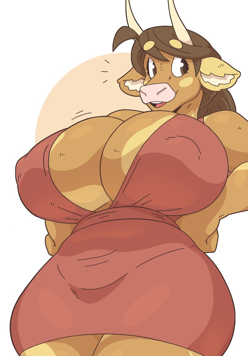 1girls anthro anthrofied big_breasts bovine breasts brown_body brown_eyes brown_fur brown_hair cleavage_cutout cow_ears cow_horns cow_print dress female female_only furry hips huge_breasts humanoid large_ass large_breasts looking_away molly_(slightlysimian) nipple_bulge pink_nose slightlysimian solo solo_female thick thick_ass thick_thighs thighs white_background wide_hips