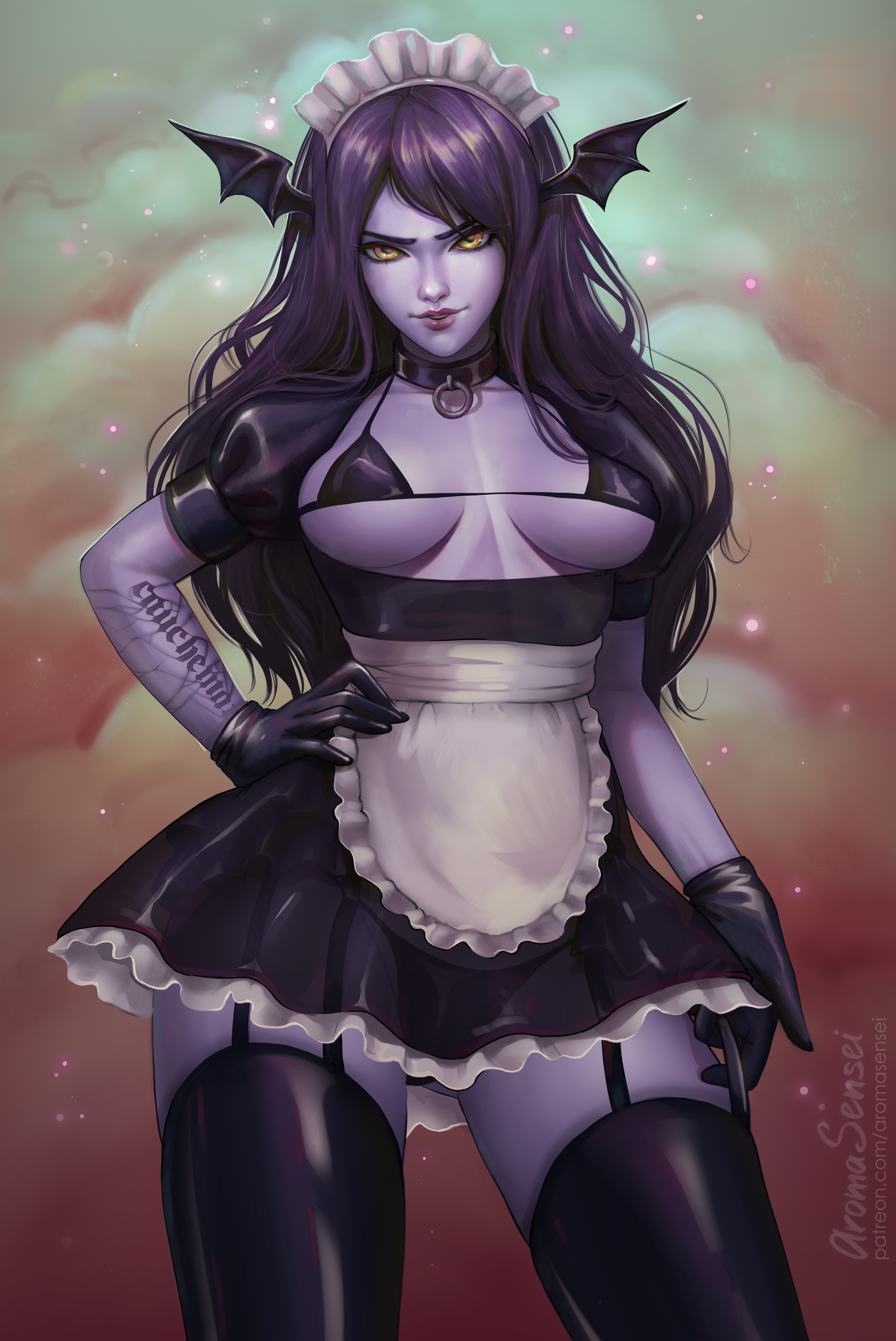 1girls, aroma sensei, bra, breasts, cleavage, female, female only, garter belt, lipstick, maid, maid headdress, overwatch, panties, purple skin, skirt, solo, thighhighs, widowmaker, yellow eyes