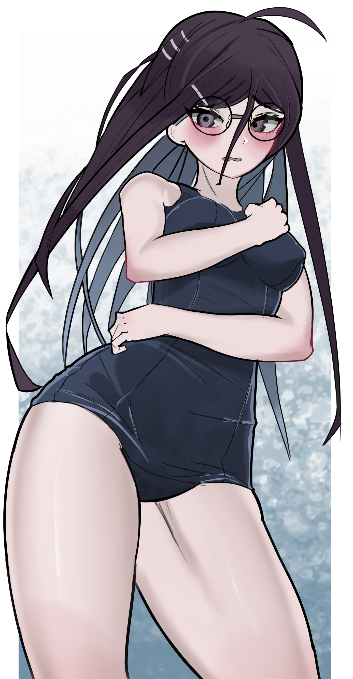 1girls, breasts, danganronpa, danganronpa: trigger happy havoc, female, fukawa touko, one-piece swimsuit, small breasts, straight hair, swimsuit, thighs, trizzz