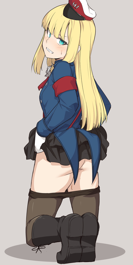 armband bangs black_skirt blonde_hair blue_coat fate/grand_order fate_(series) female gloves green_eyes grey_background hat hime_cut lifted_by_self long_hair looking_at_viewer looking_back lord_el-melloi_ii_case_files military_hat on_knees pantyhose pantyhose_down pleated_skirt reines_el-melloi_archisorte rose shiseki_hirame shoes sidelocks skirt skirt_lift solo sweatdrop tailcoat thighband_pantyhose white_gloves white_rose