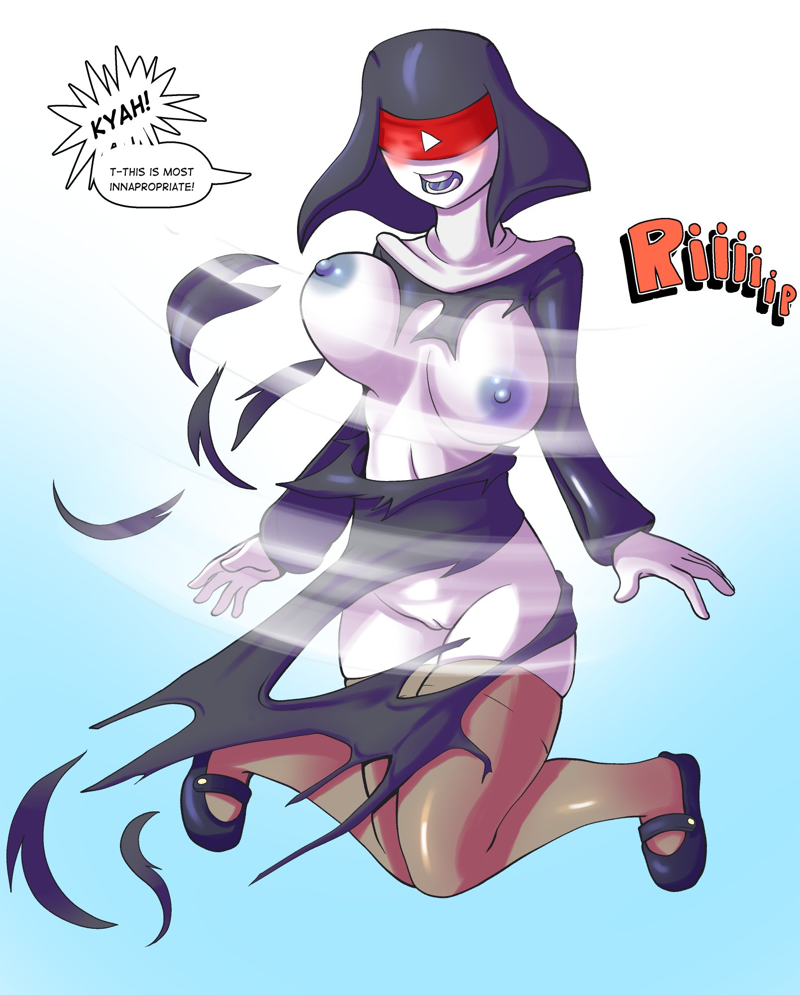 1girls, 2021, absurd res, black dress, blindfold, blue background, blue nipples, blush, bouncing breasts, breasts, breasts out, clothing, dress, embarrassed, english text, female, female only, flats, fours (artist), full body, gradient background, highres, large breasts, looking down, mary janes, navel, nun, nun's habit, open mouth, personification, pussy, sandals, shoes, simple background, site-tan, solo, sound effects, speech bubble, teeth, text, thick thighs, thighhighs, thighs, tongue, torn clothes, white skin, youtube, youtube-tan, zettai ryouiki
