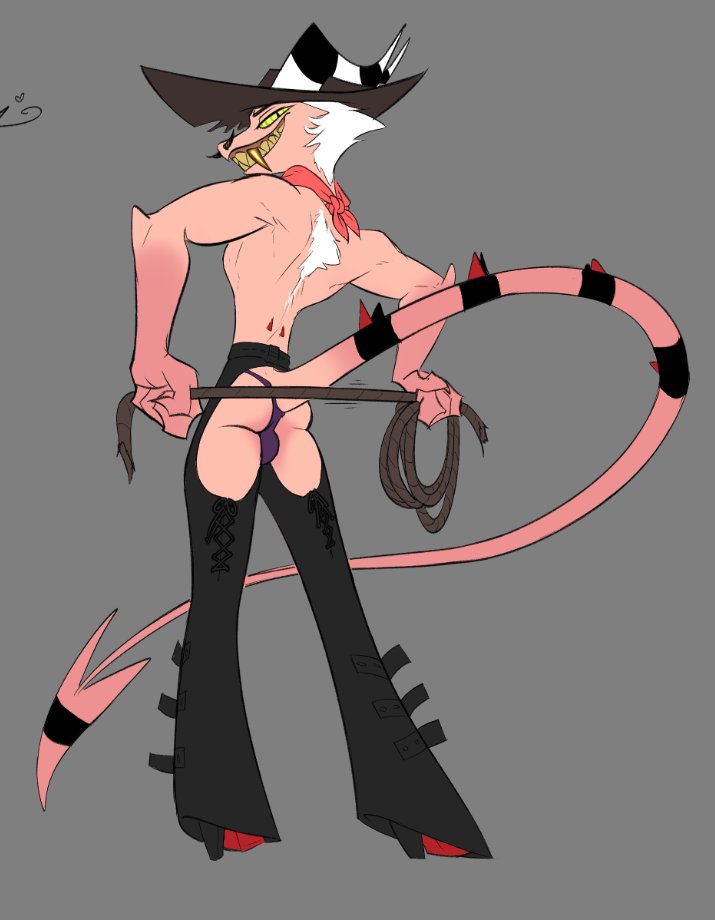 1boy anthro artblush ass bulge clothing cowboy demon fur hair hat headgear headwear helluva_boss imp lasso looking_at_viewer looking_back male male_only monster neckerchief pink_body pink_skin shaded sharp_teeth simple_background simple_shading slim smile smug solo spade_tail striker_(helluva_boss) teeth underwear vivienne_medrano white_body white_fur white_hair yellow_eyes yellow_teeth