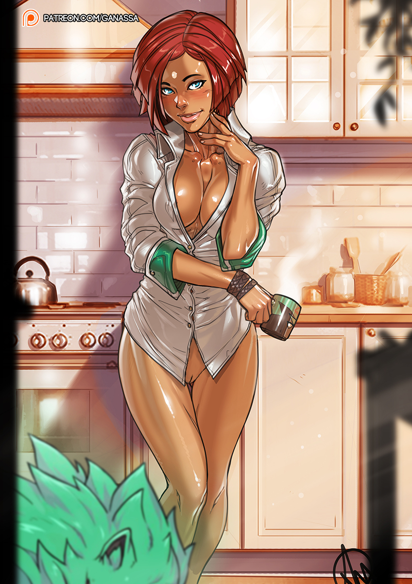 bob_cut brazil brazilian brazilian_female breasts female ganassa giovanna_(guilty_gear) guilty_gear guilty_gear_strive half_naked looking_at_viewer looking_through_window no_panties pov red_hair rei_(guilty_gear) short_hair smiling_at_viewer