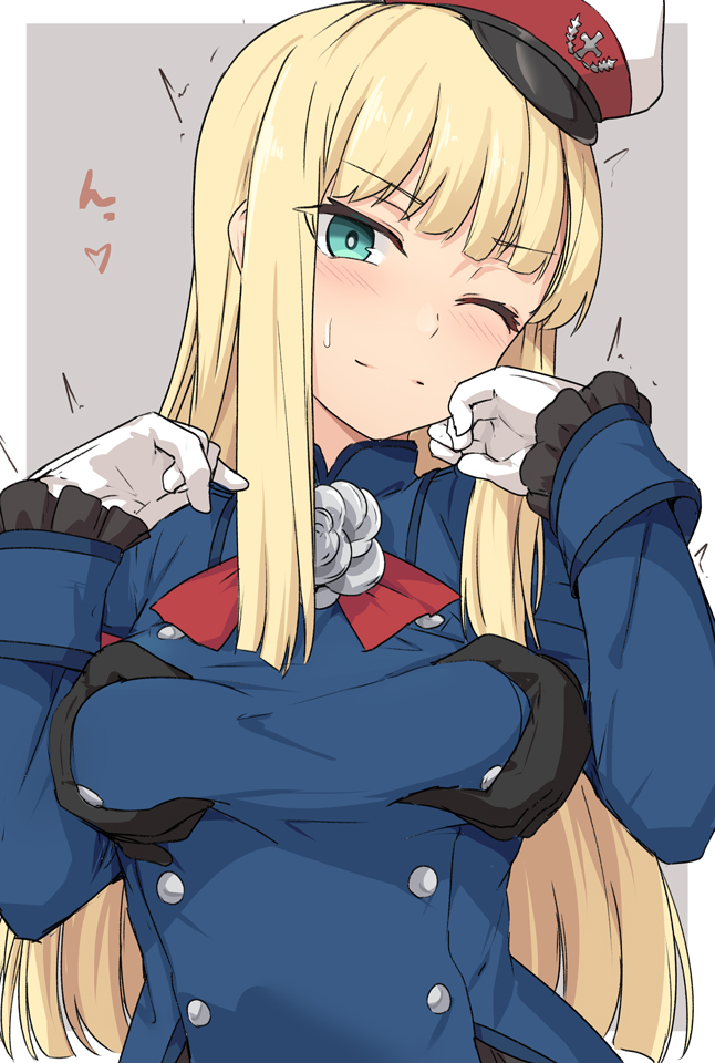 bangs black_gloves blonde_hair blush breast_grab closed_mouth clothed eyebrows_visible_through_hair fate/grand_order fate_(series) female female_focus green_eyes grey_background groping groping_breasts groping_from_behind groping_through_clothes hat hime_cut long_hair looking_at_viewer lord_el-melloi_ii_case_files military_hat one_eye_closed reines_el-melloi_archisorte shiseki_hirame sidelocks small_breasts solo_focus tailcoat white_gloves white_rose