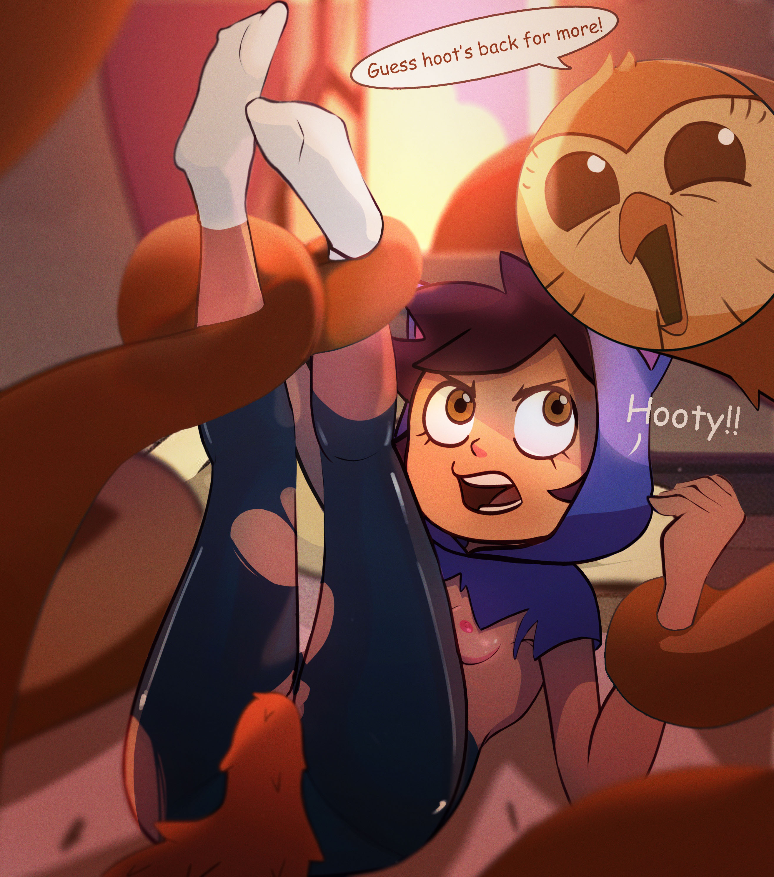 clothing, disney, disney channel, english text, female, goatwithsauce, hooty, human, luz noceda, nipples, penetration, straight hair, text, the owl house
