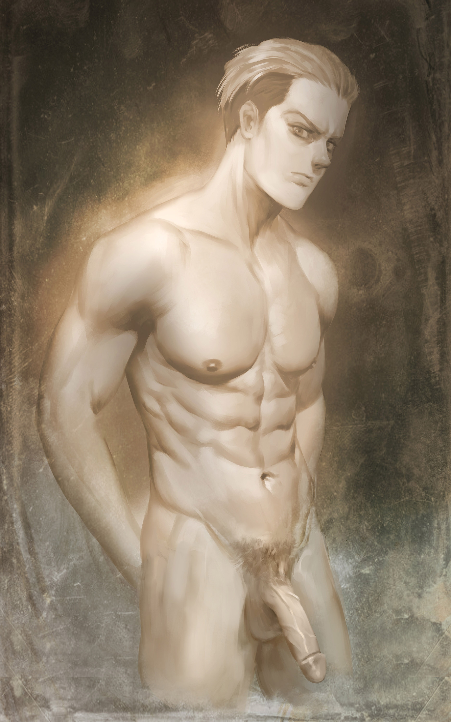 1boy, abs, alternate version available, attack on titan, bare chest, genitals, male, male only, monochrome, neight, nude, nude male, painting (artwork), pecs, penis, porco galliard, pubes, pubic hair, shingeki no kyojin, solo, solo focus, solo male, undercut, vein, veiny penis