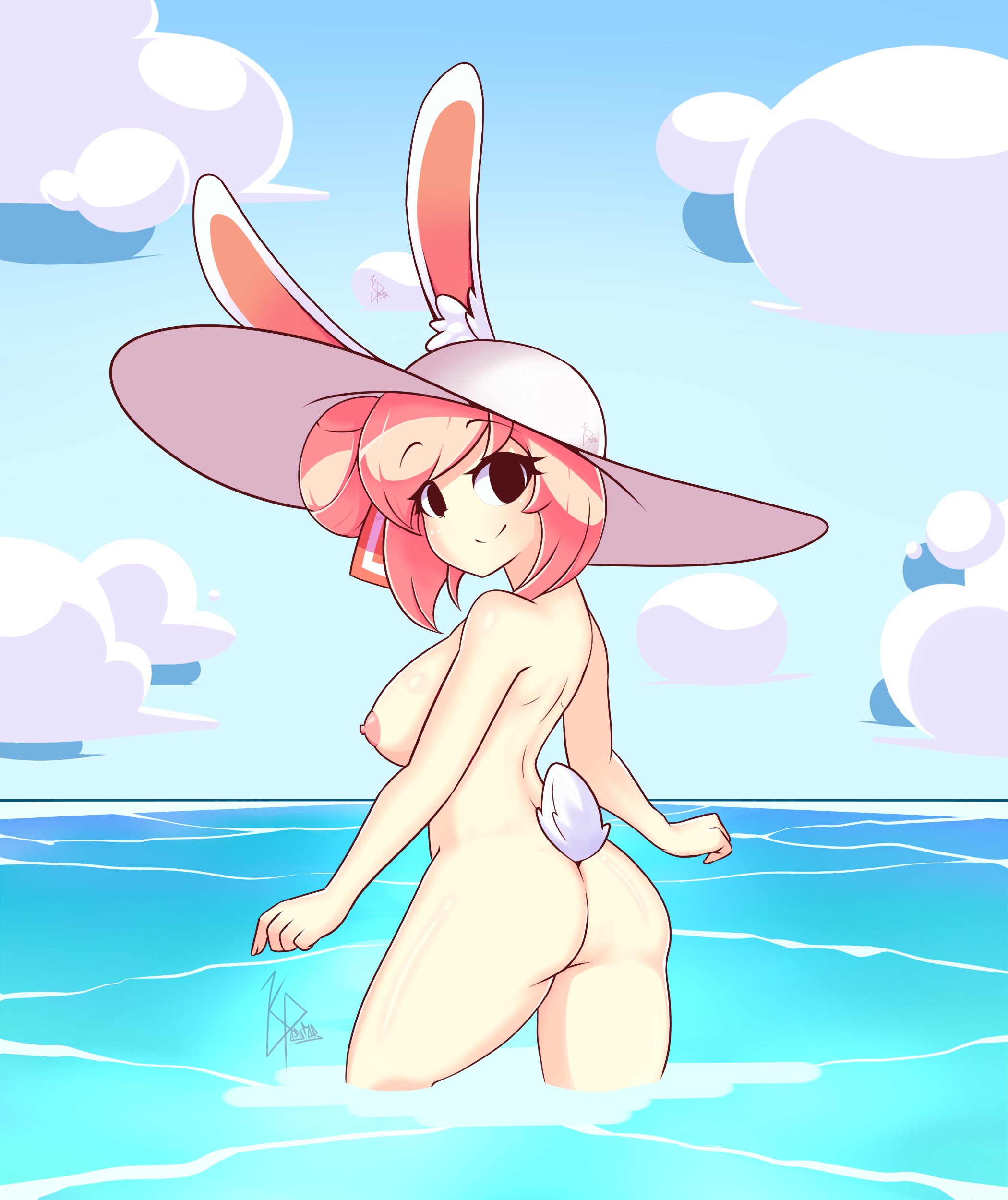 1girls, ass, breasts, bunny ears, bunny tail, female, fiz, hat, kevin paintart, looking at viewer, naked, nipples, nude, oc, ocean, original, original character, outdoors, outside, pink hair, short hair, sideboob, solo, water, white skin