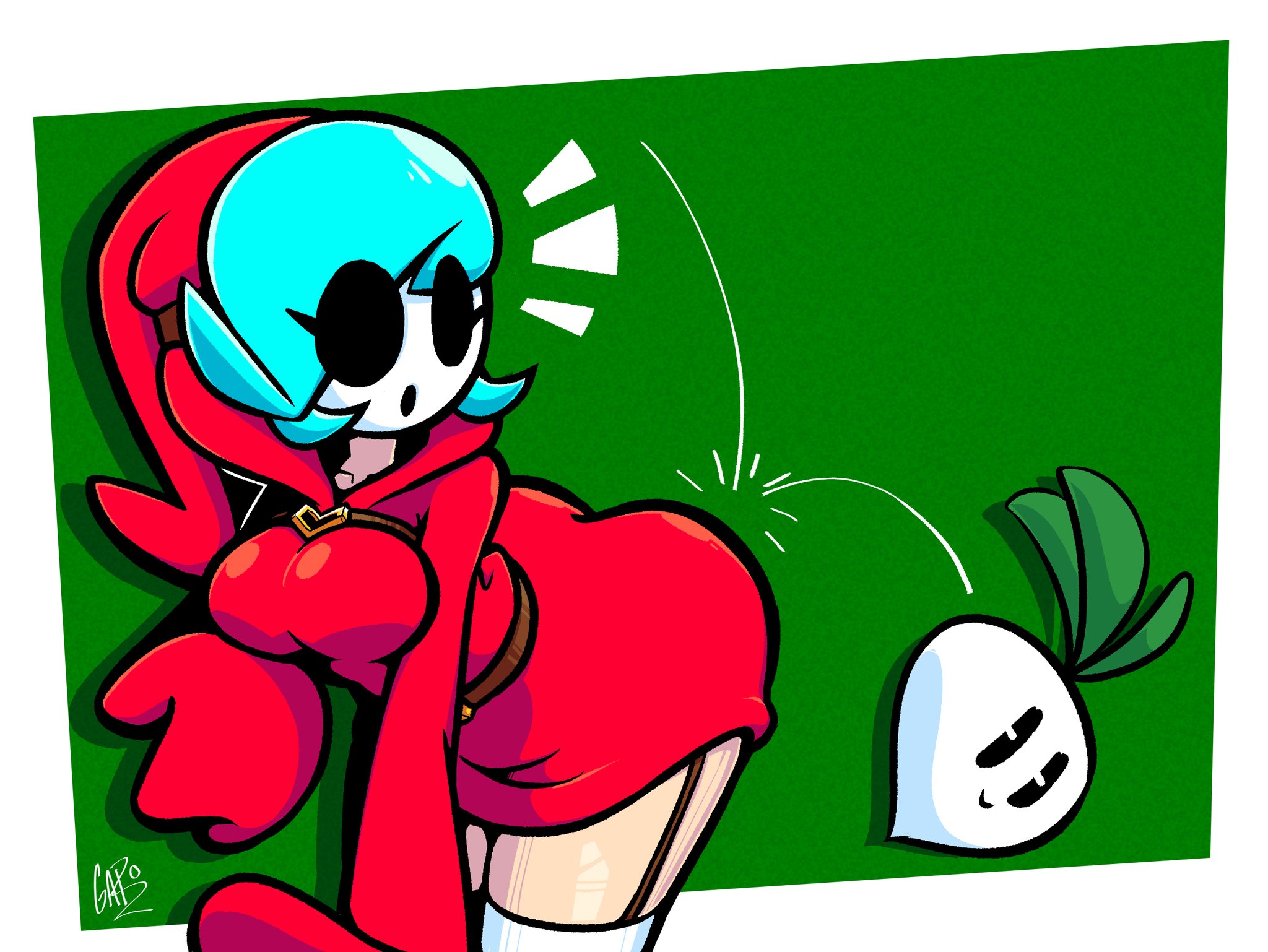 :>, 1girls, 2021, absurd res, artist name, ass, belt, bent over, big ass, breasts, clothed, clothing, dress, eyes visible through hair, female, female only, food, gaborabo, garter straps, green background, green hair, highres, hoodie, leaning forward, looking back, mario (series), mask, medium breasts, red dress, short dress, shy gal, signature, smile, solo, standing, super mario bros. 2, surprised, thick thighs, thighhighs, thighs, tight clothing, tight dress, turnip, white border, zettai ryouiki