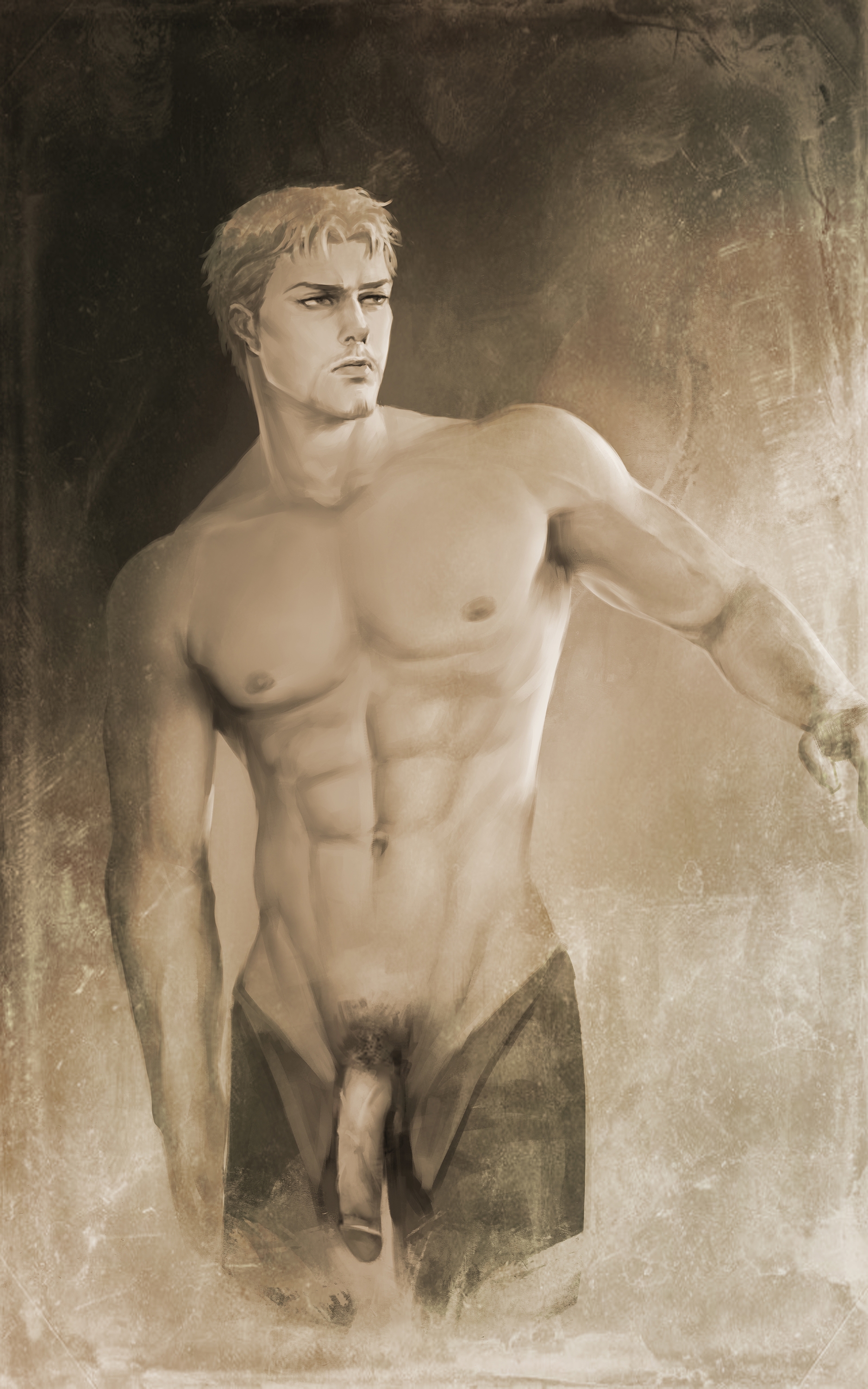 1boy, abs, alternate version available, attack on titan, bare chest, bare shoulders, genitals, male, male focus, male only, monochrome, muscular, muscular male, neight, pants, pants open, pecs, penis, pubes, pubic hair, reiner braun, shingeki no kyojin, shirtless, shirtless (male), solo, solo male