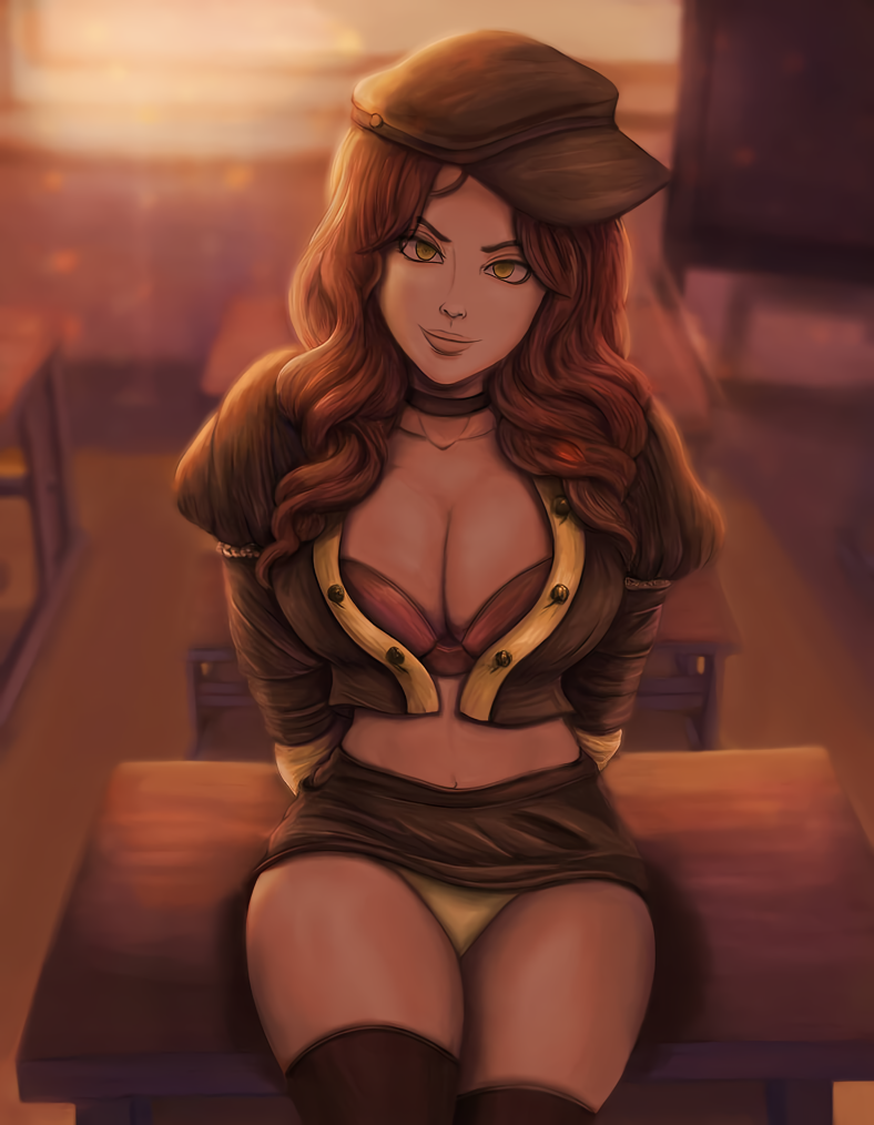 1girls, bare thighs, bra, bra cups sticking out, breasts, choker, cleavage, desk, dorothea arnault, female, fire emblem, fire emblem: three houses, garreg mach monastery uniform, hat, large breasts, lowres, neileeng, nintendo, panties, sitting on desk, skirt, smile, solo, solo female, thenightgamer, thighhighs, upskirt, yellow panties