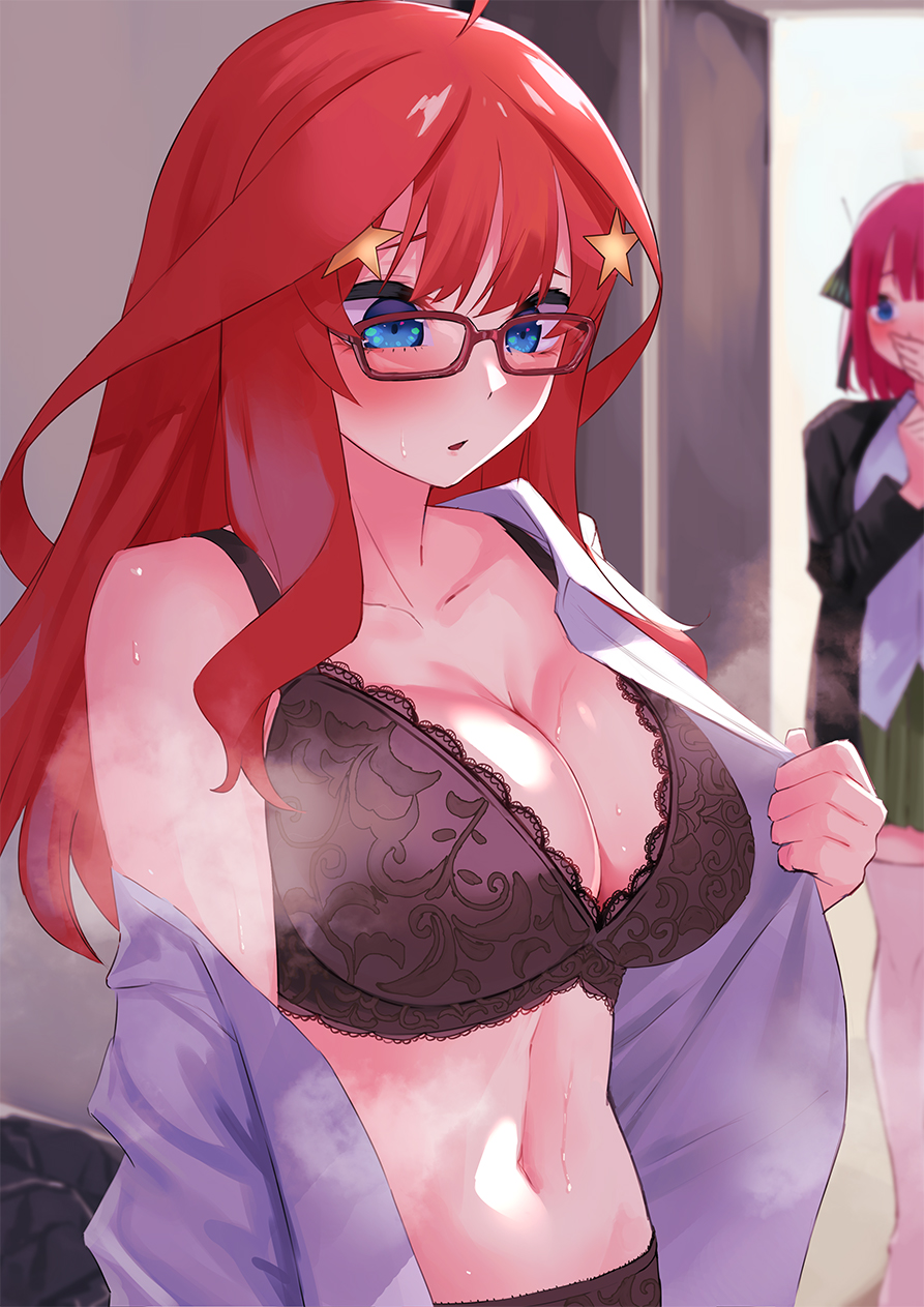 :o, 2girls, ahoge, amog, black bra, black panties, blue eyes, blunt bangs, blush, bra, breasts, cleavage, commentary, covering mouth, female, glasses, go-toubun no hanayome, hair ornament, highres, indoors, lace, lace trim, lace-trimmed bra, large breasts, lingerie, lingerie under clothes, looking away, looking down, midriff, multiple females, multiple girls, nakano itsuki, nakano nino, navel, open clothes, open shirt, panties, parted lips, pink hair, red hair, red-framed eyewear, shirt, siblings, sisters, solo focus, star (symbol), star hair ornament, steaming body, stomach, sweat, twins, underwear, undressing, walk-in, white shirt