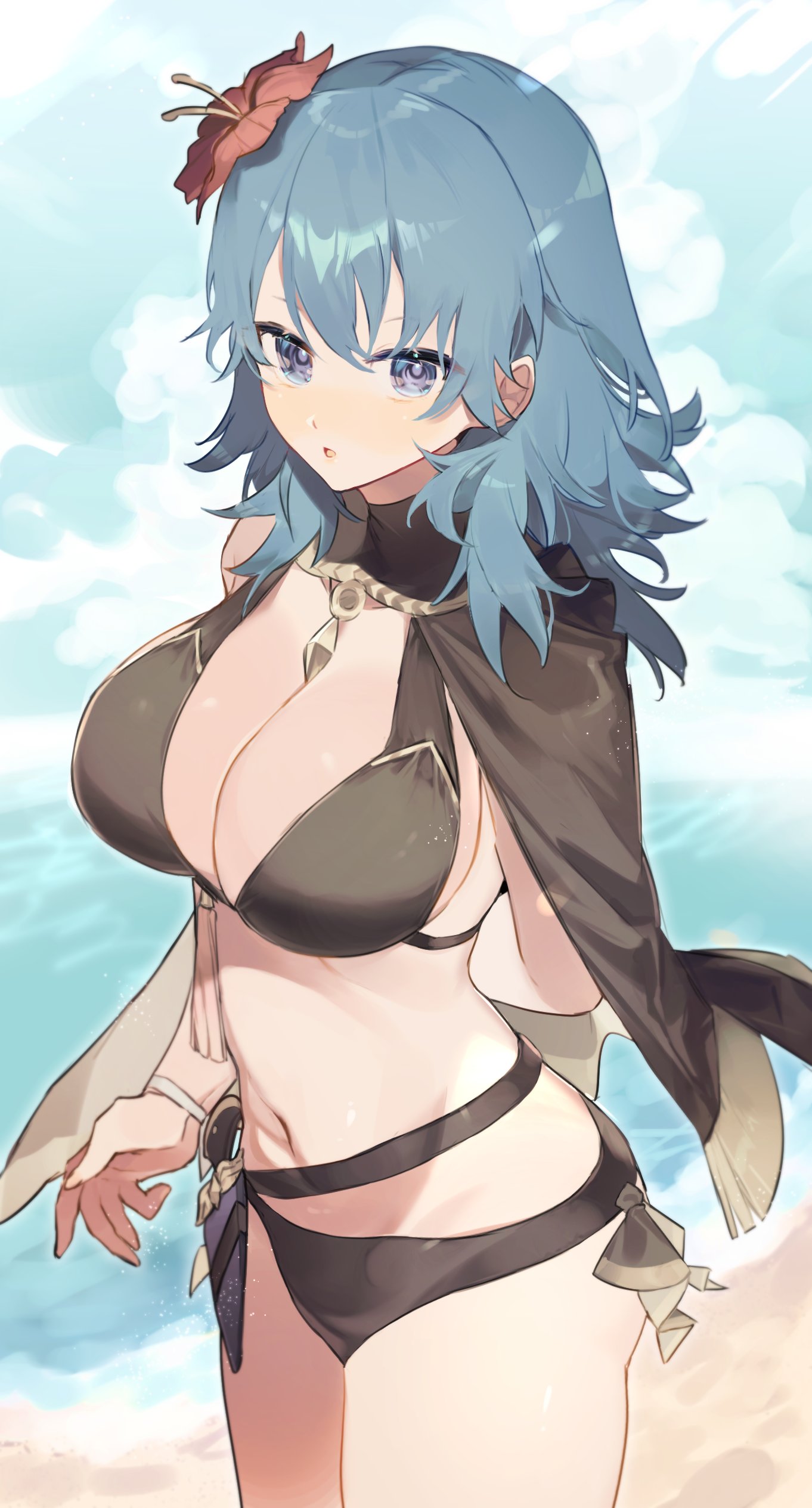 1girls alternate_costume beach bikini black_bikini black_bikini_bottom black_bikini_top black_swimsuit blue_eyes blue_hair breasts byleth_(fire_emblem) byleth_(fire_emblem)_(female) byleth_(summer)_(fire_emblem)_(female) cape cleavage female fire_emblem fire_emblem:_three_houses fire_emblem_heroes flower flower_in_hair hair_flower large_breasts looking_at_viewer medium_hair meunhongcha nintendo ocean open_mouth outdoors outside sand solo swimsuit water white_skin