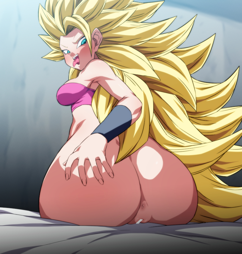 1girls anus ass big_ass big_breasts blonde_hair breasts caulifla censor_bar censored dragon_ball dragon_ball_super eye_contact female grabbing_own_ass huge_ass long_hair looking_at_viewer looking_back pussy rom saiyan shounen_jump sitting solo super_saiyan_3 thick_ass tongue_out