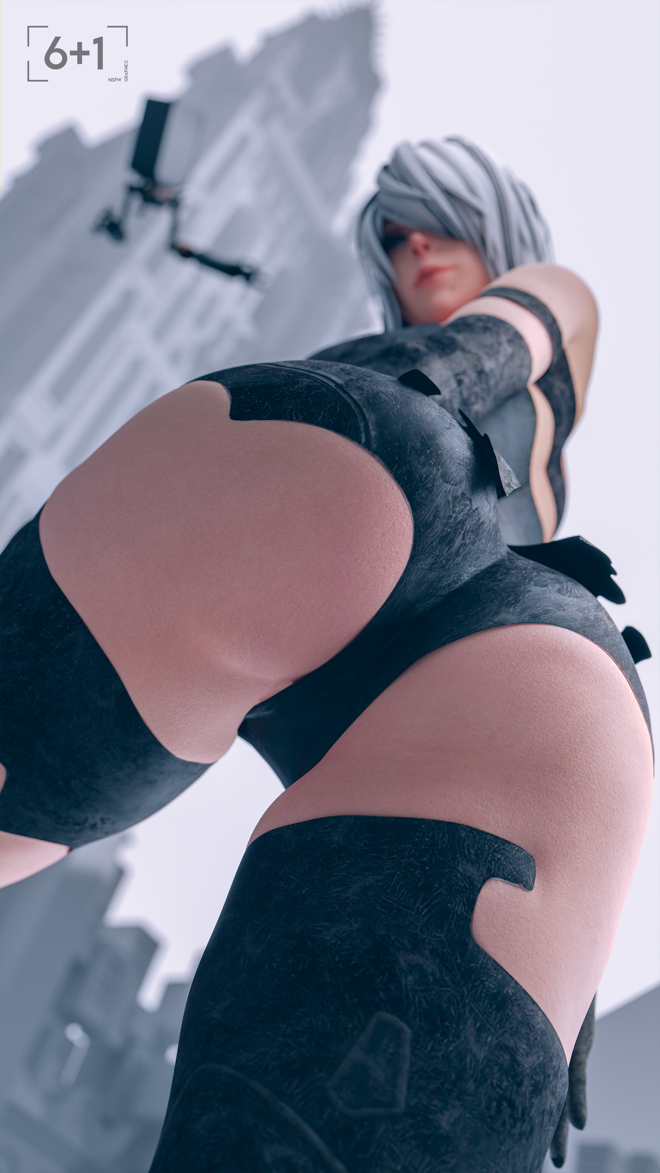 1girls, 3d, ass, female, female focus, nier: automata, sixplusone, white hair, yorha a2