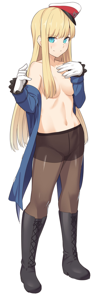 bare shoulders, blonde hair, boots, breasts, eyebrows visible through hair, fate (series), fate/grand order, female, green eyes, hair over breasts, hat, hime cut, long hair, looking at viewer, lord el-melloi ii case files, lowres, military hat, navel, no bra, pantyhose, reines el-melloi archisorte, shiseki hirame, sidelocks, small breasts, standing, tailcoat, thighband pantyhose, undressing, white background, white gloves