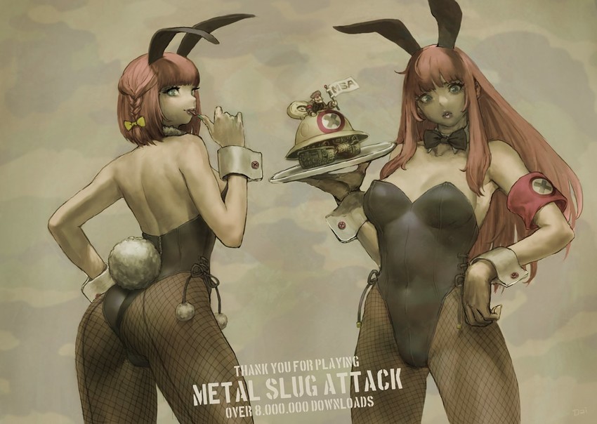 2017 2girls abigail_(metal_slug) age_difference aqua_eyes ass_focus beatriz_(metal_slug) big_ass black_legwear breasts bunny_costume bunny_ears bunnysuit clothed daichan_mona female_focus finger_on_tongue fishnets general_morden long_hair looking_at_viewer medium_breasts metal_slug metal_slug_attack open_mouth pink_hair pussy_visible_through_clothes realistic rebel_army seductive short_hair simple_background sisters snk tongue tongue_out