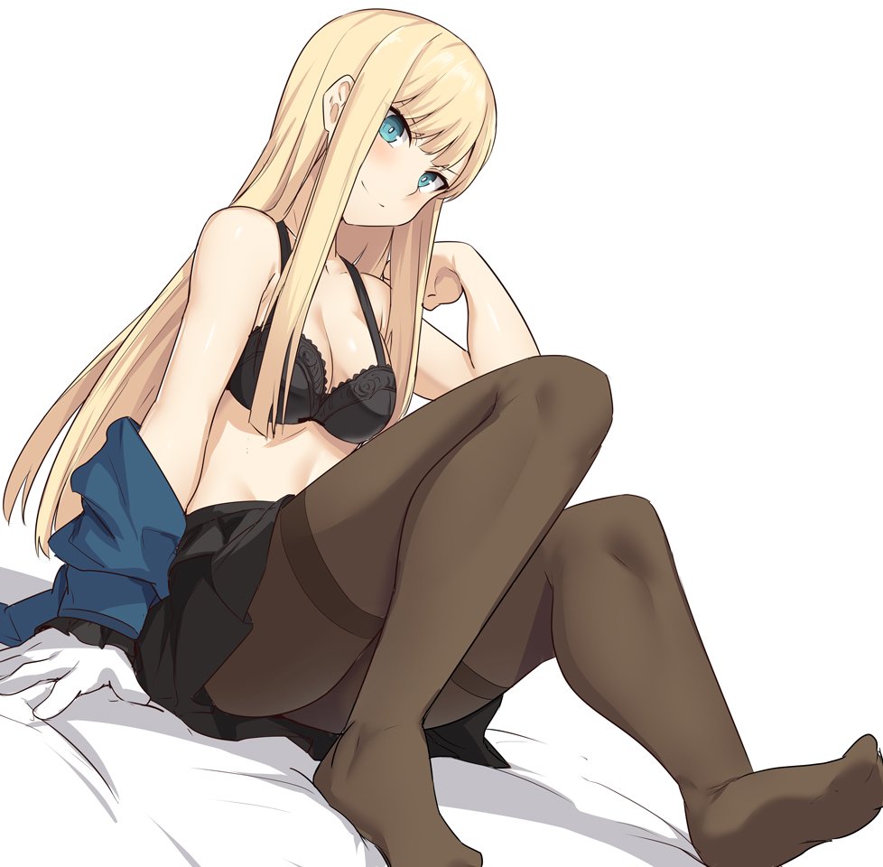 bangs, bare shoulders, bedsheets, black bra, black skirt, blonde hair, blue coat, blush, bra, breasts, fate (series), fate/grand order, female, foot fetish, green eyes, hime cut, lace-trimmed bra, long hair, looking at viewer, lord el-melloi ii case files, pantyhose, pleated skirt, reines el-melloi archisorte, shiseki hirame, sitting, skirt, small breasts, solo, thighband pantyhose, undressing, white background